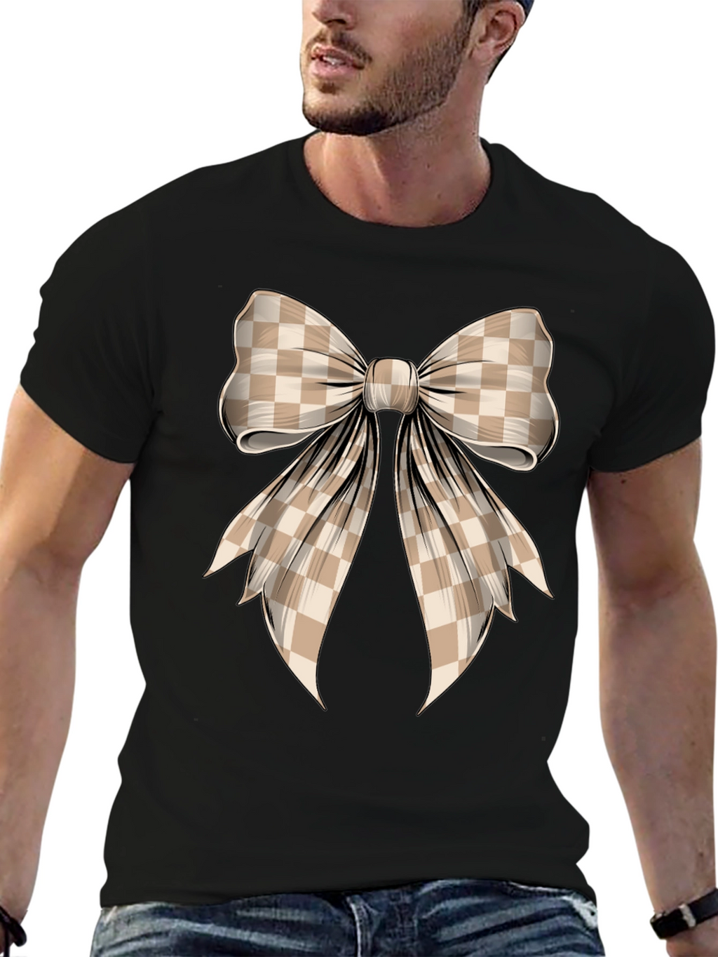 Checkered Bow Graphic Tee - Stylish Casual Wear
