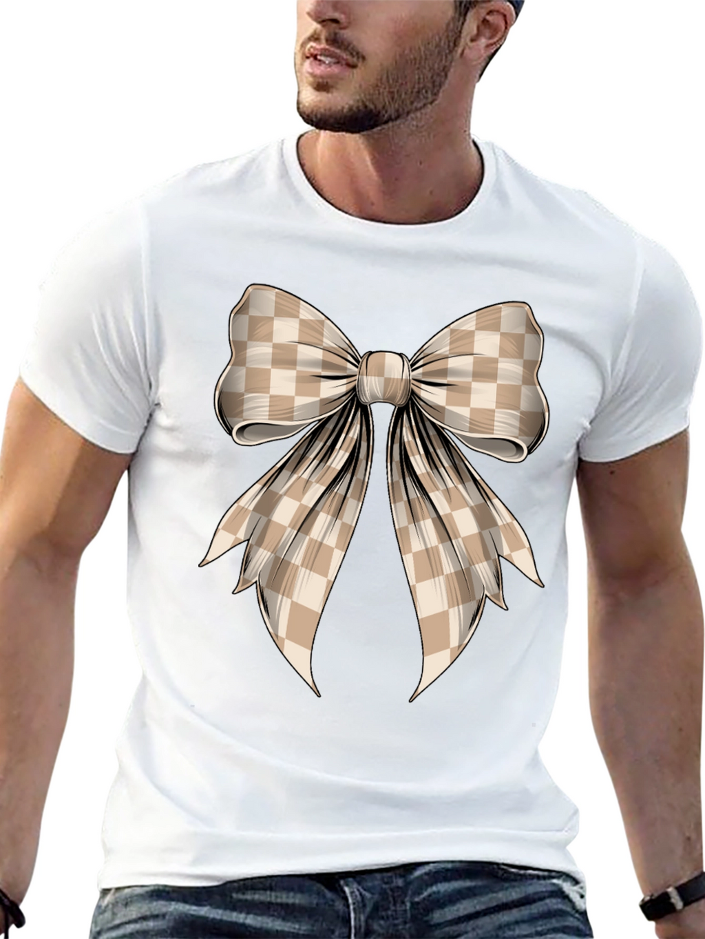 Checkered Bow Graphic Tee - Stylish Casual Wear