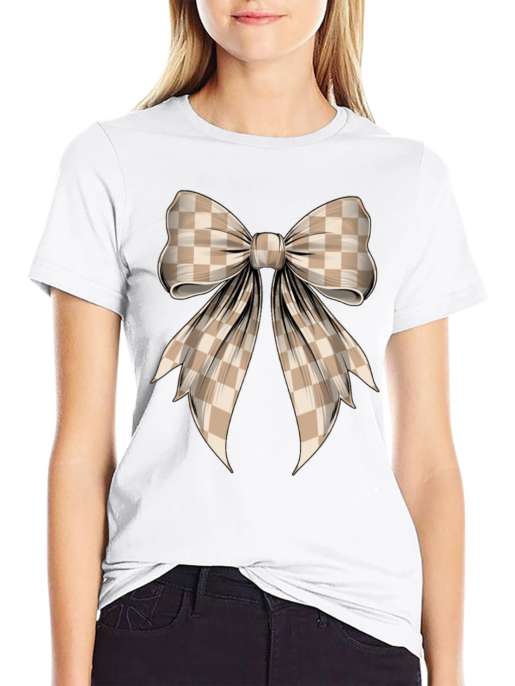 Checkered Bow Graphic Tee - Stylish Casual Wear