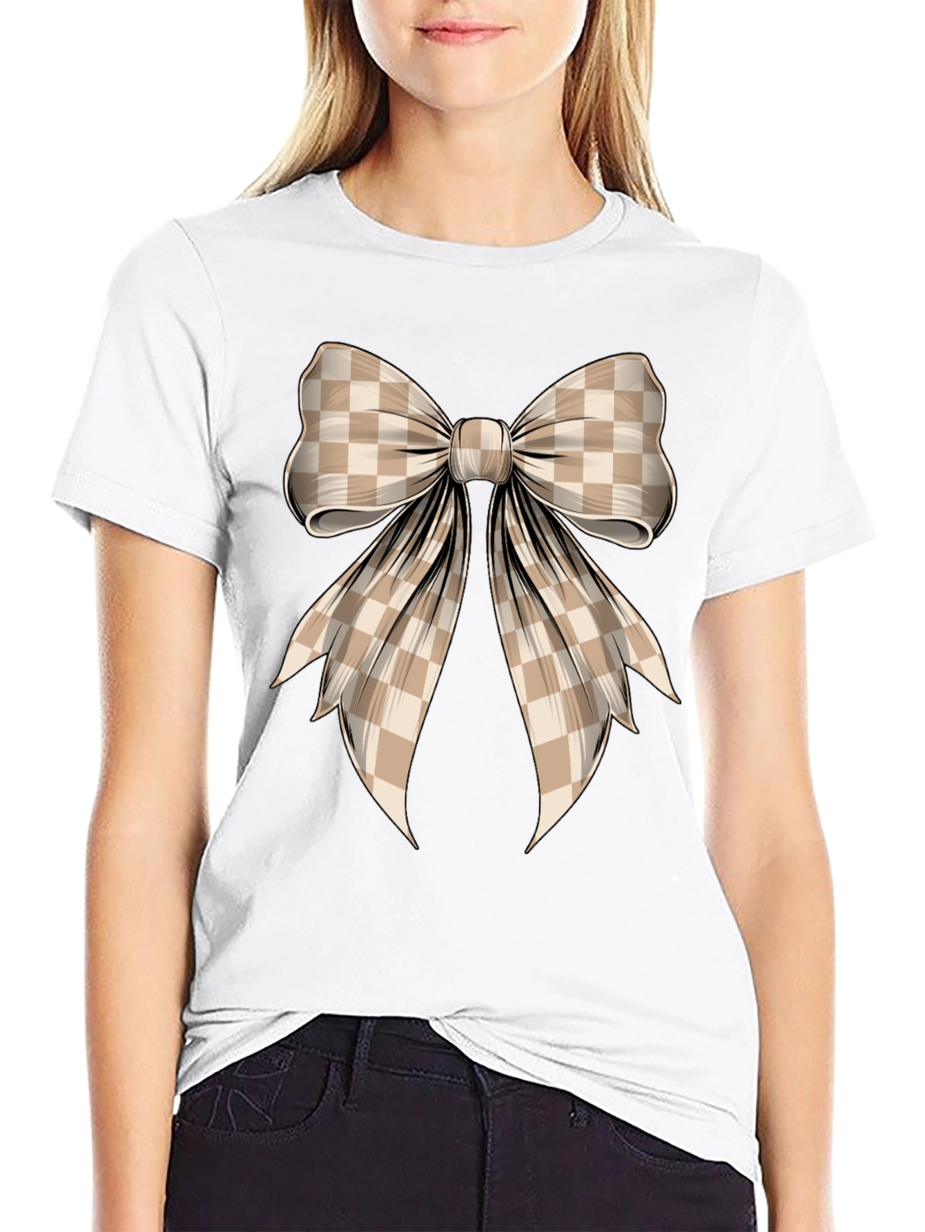 Checkered Bow Graphic Tee - Stylish Casual Wear