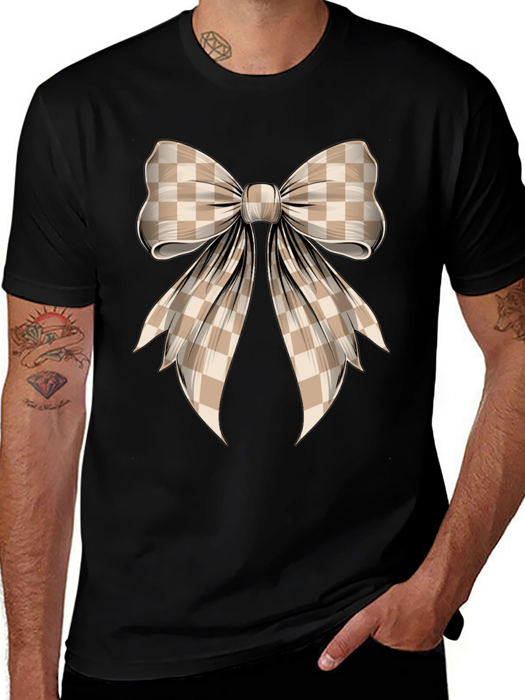 Checkered Bow Graphic Tee - Stylish Casual Wear