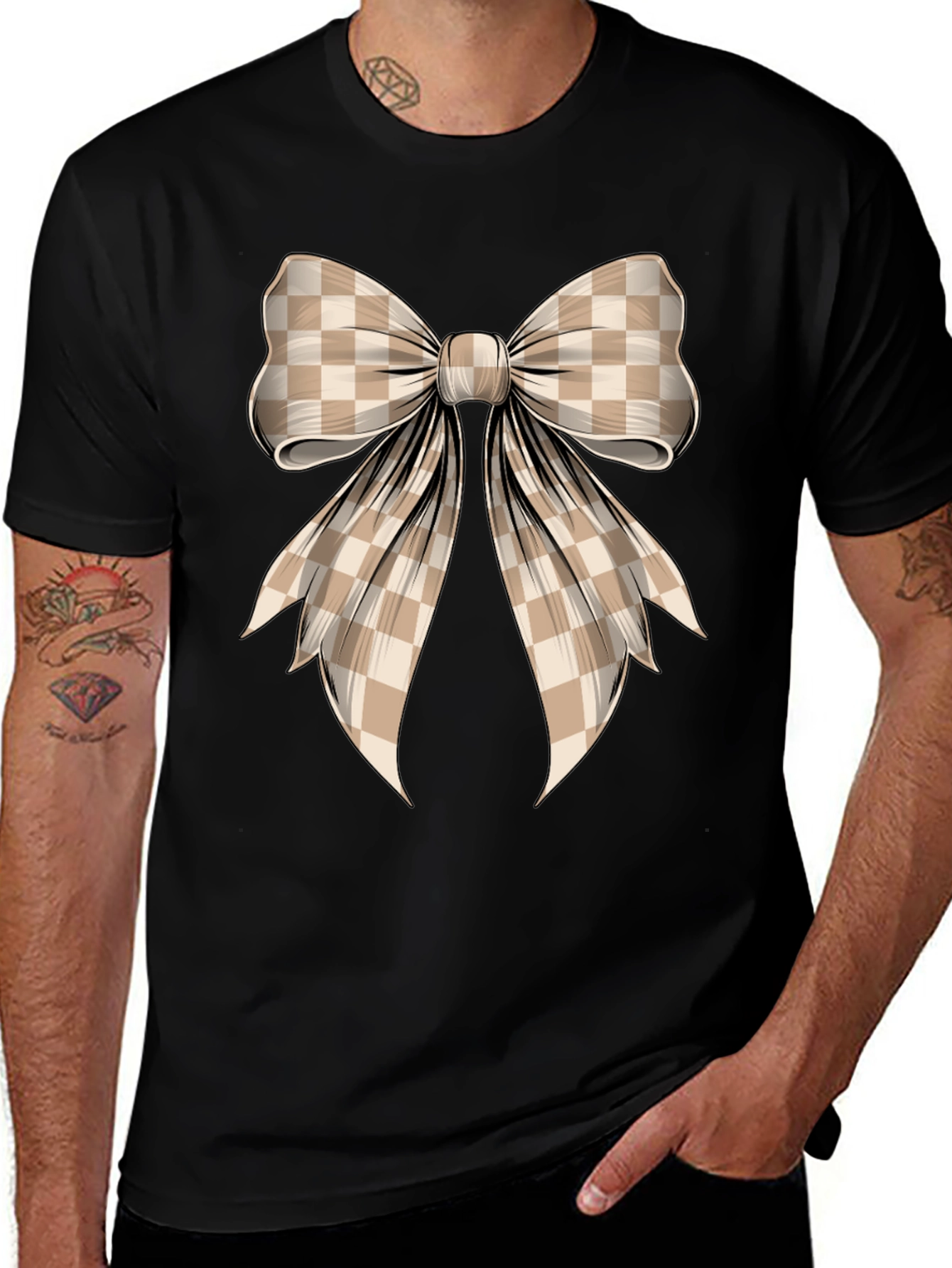 Checkered Bow Graphic Tee - Stylish Casual Wear