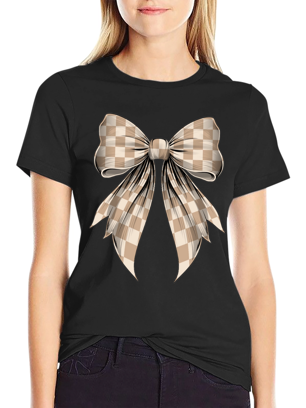 Checkered Bow Graphic Tee - Stylish Casual Wear