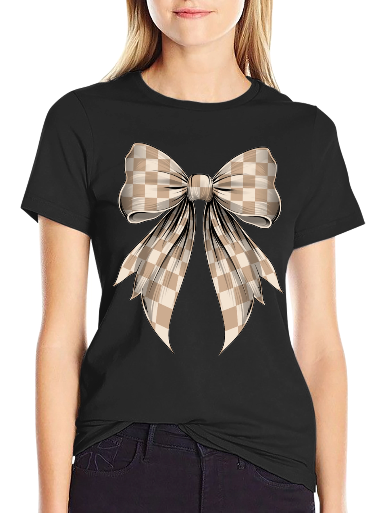 Checkered Bow Graphic Tee - Stylish Casual Wear