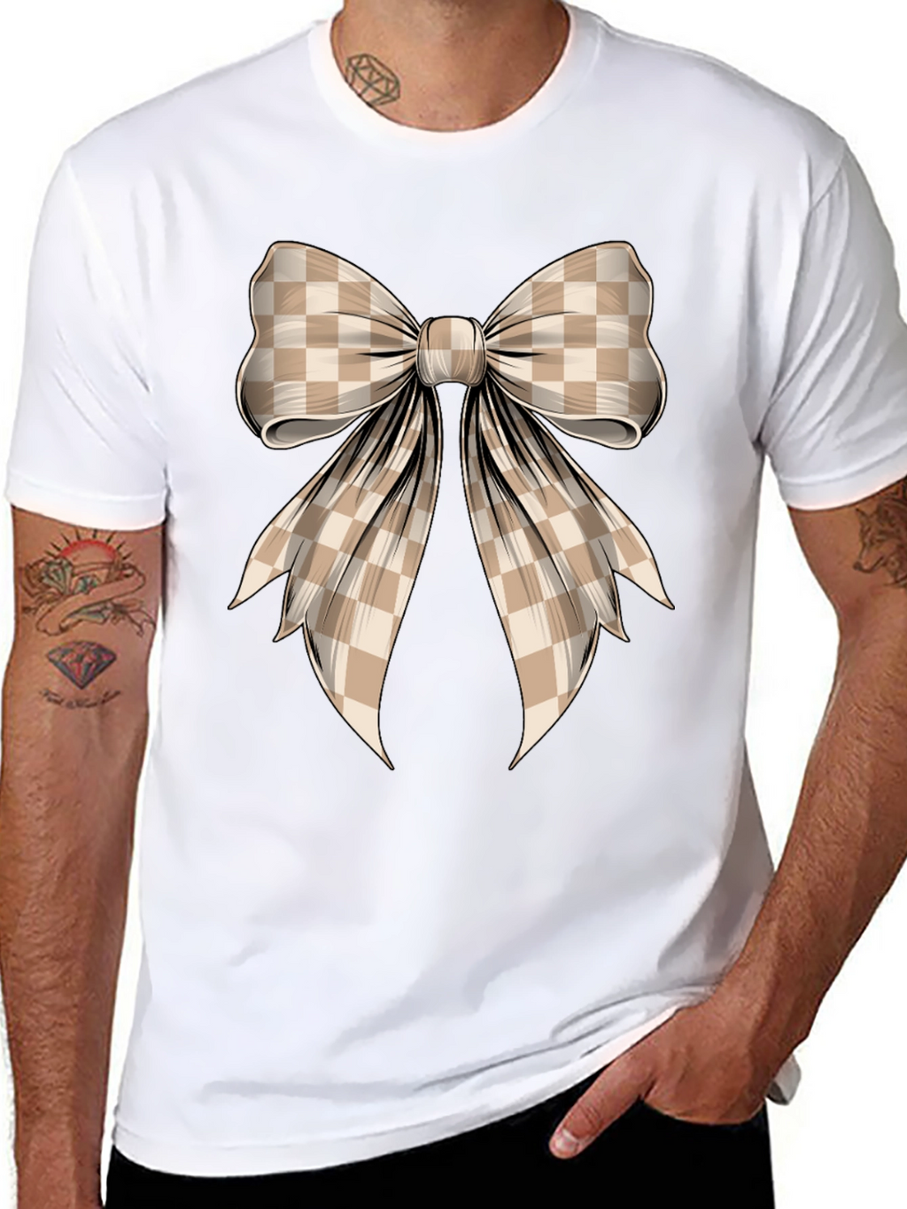 Checkered Bow Graphic Tee - Stylish Casual Wear