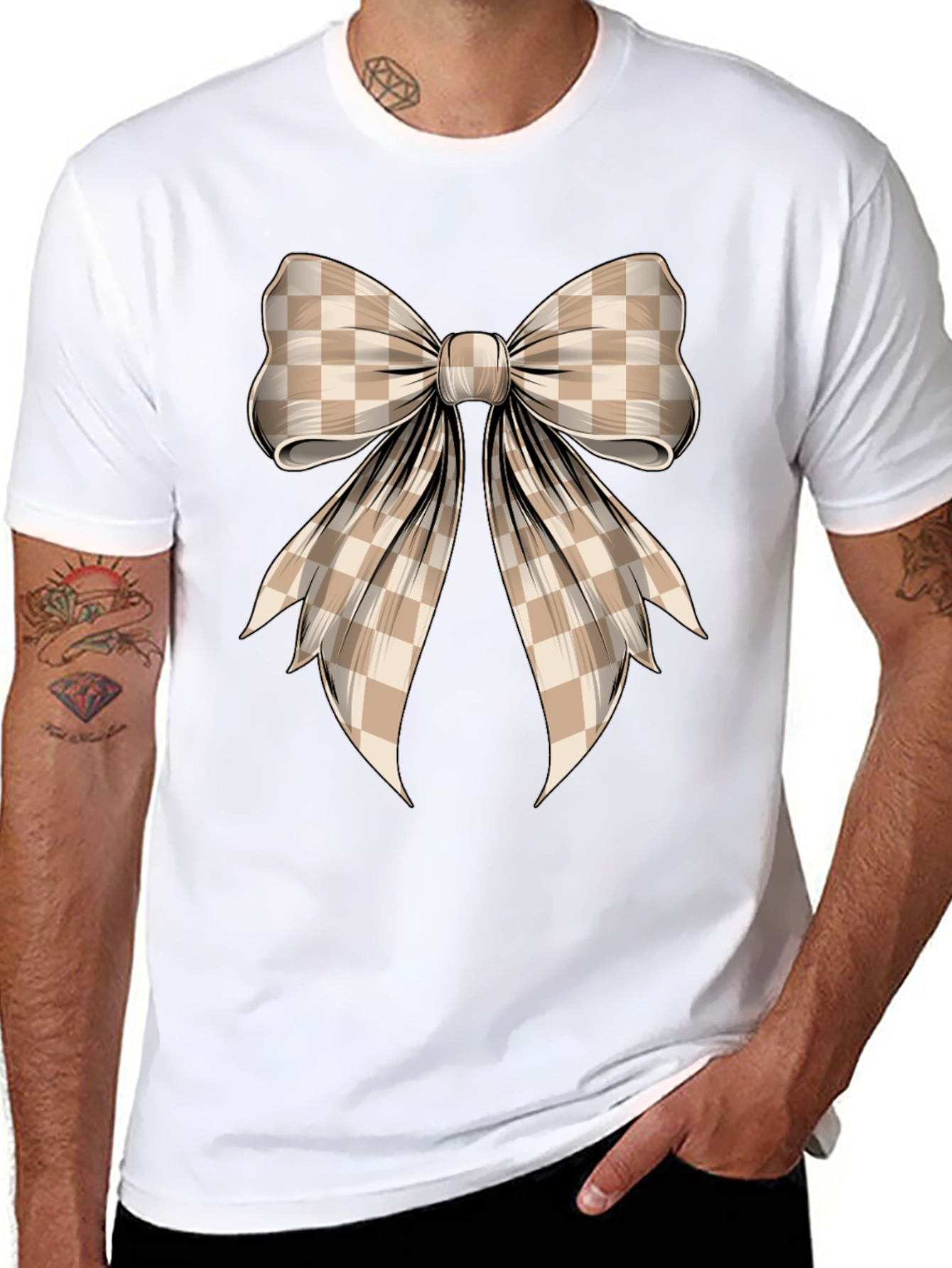 Checkered Bow Graphic Tee - Stylish Casual Wear