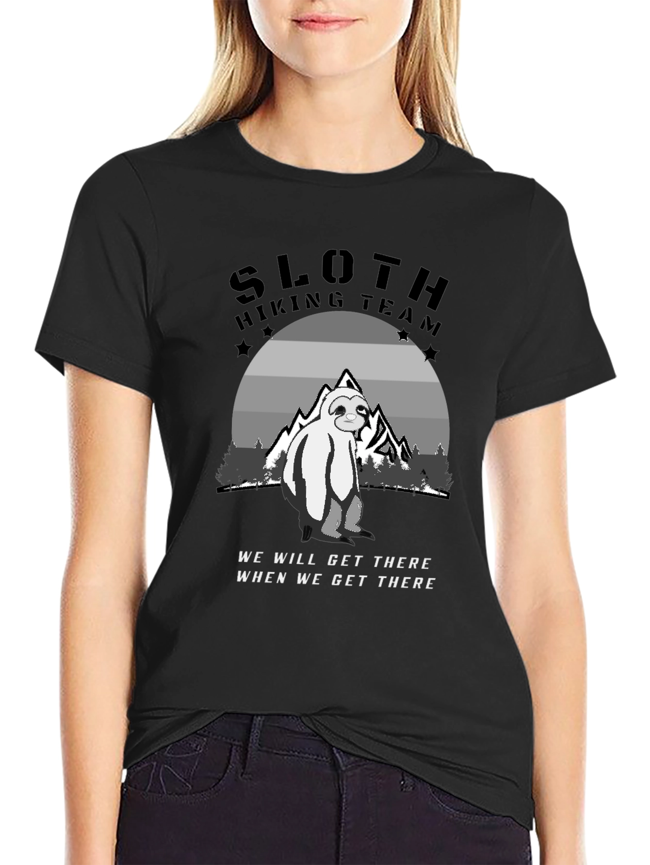 Sloth Hiking Team Black T-Shirt - Adventure Ready!