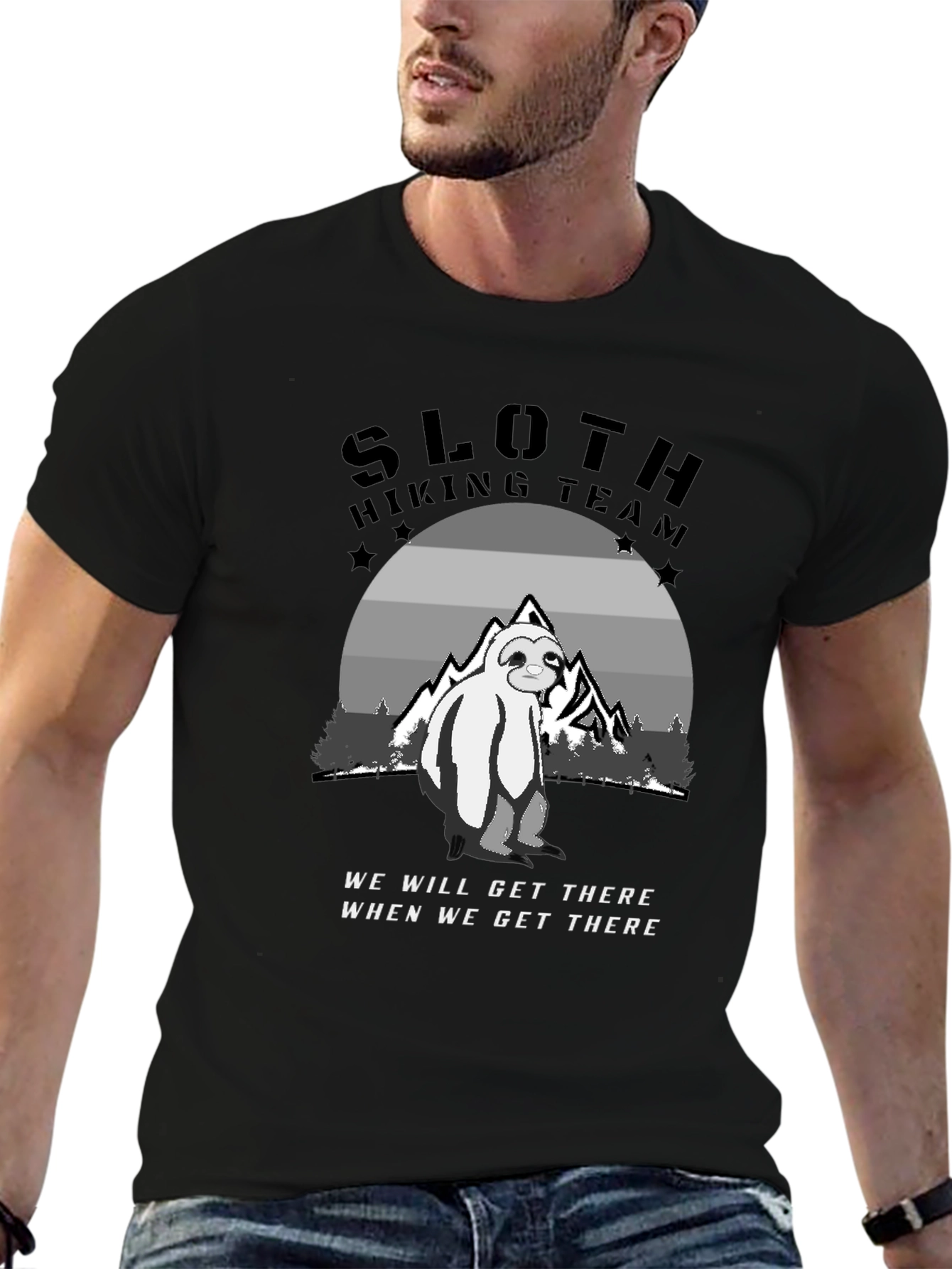Sloth Hiking Team Black T-Shirt - Adventure Ready!