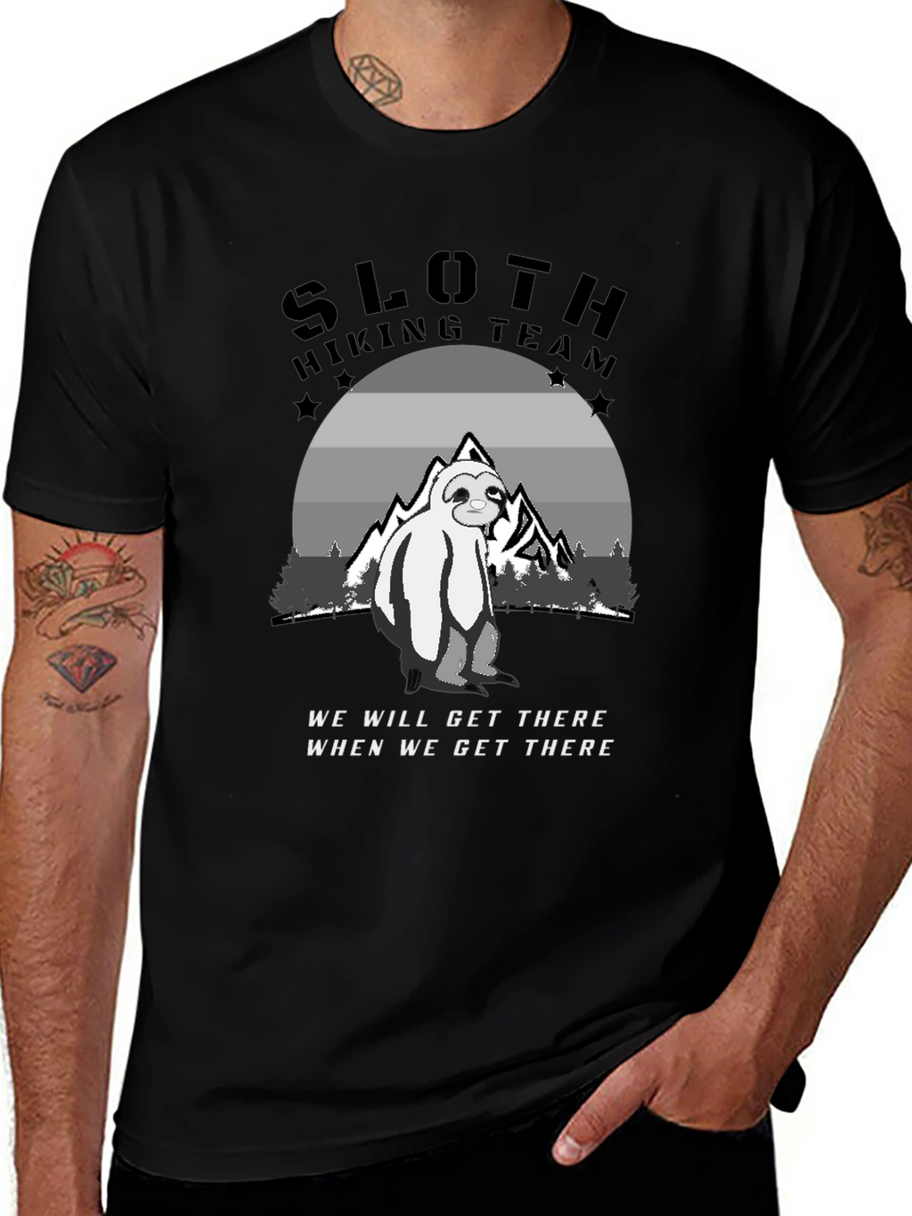 Sloth Hiking Team Black T-Shirt - Adventure Ready!