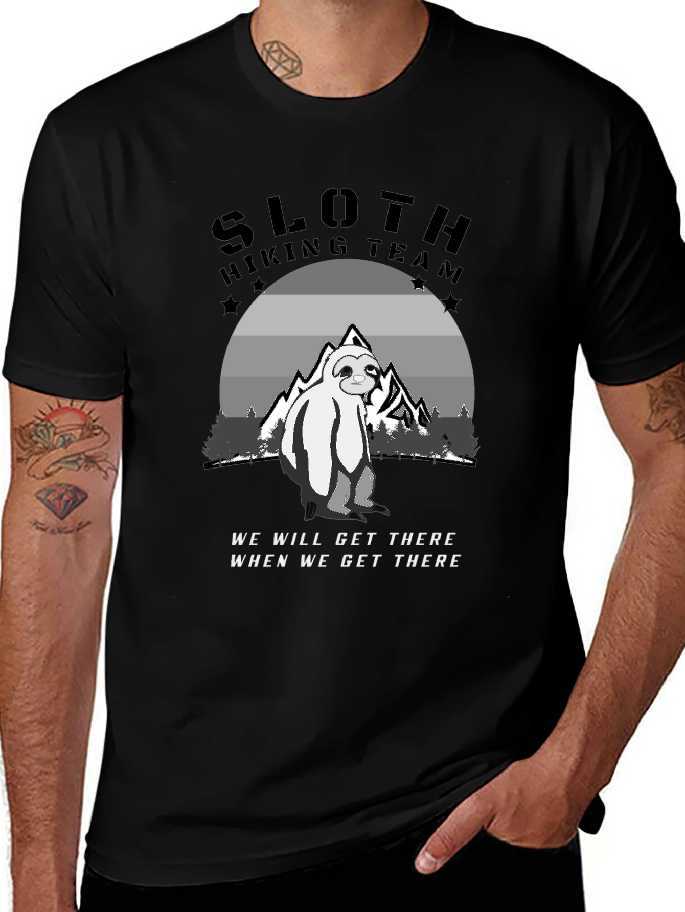 Sloth Hiking Team Black T-Shirt - Adventure Ready!