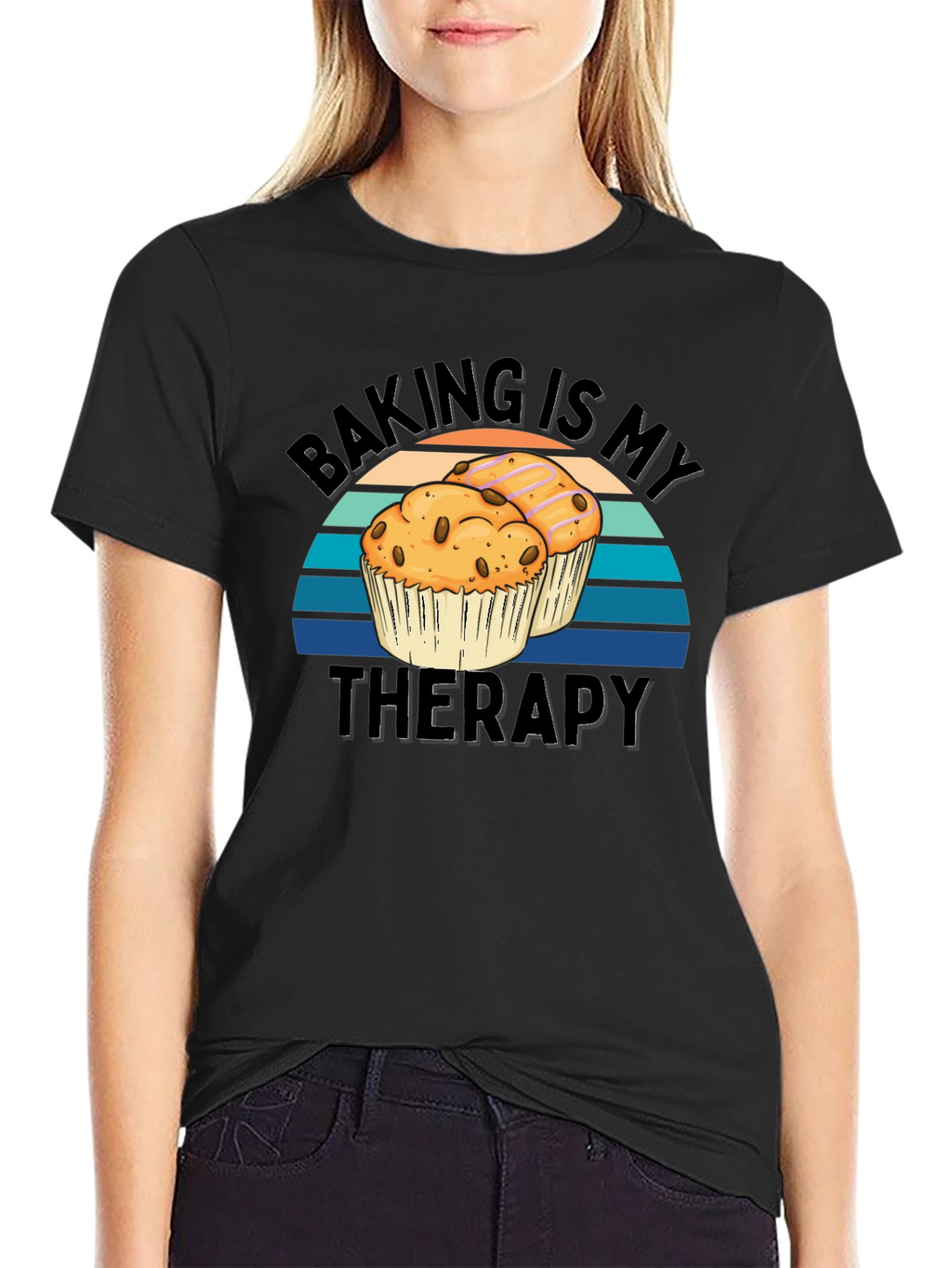 Baking Is My Therapy Black T-Shirt - Muffin Design