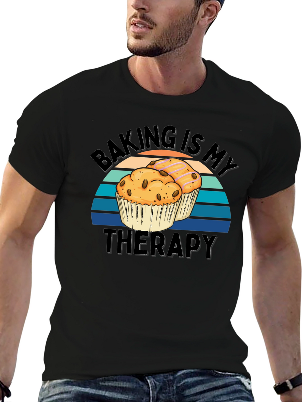 Baking Is My Therapy Black T-Shirt - Muffin Design