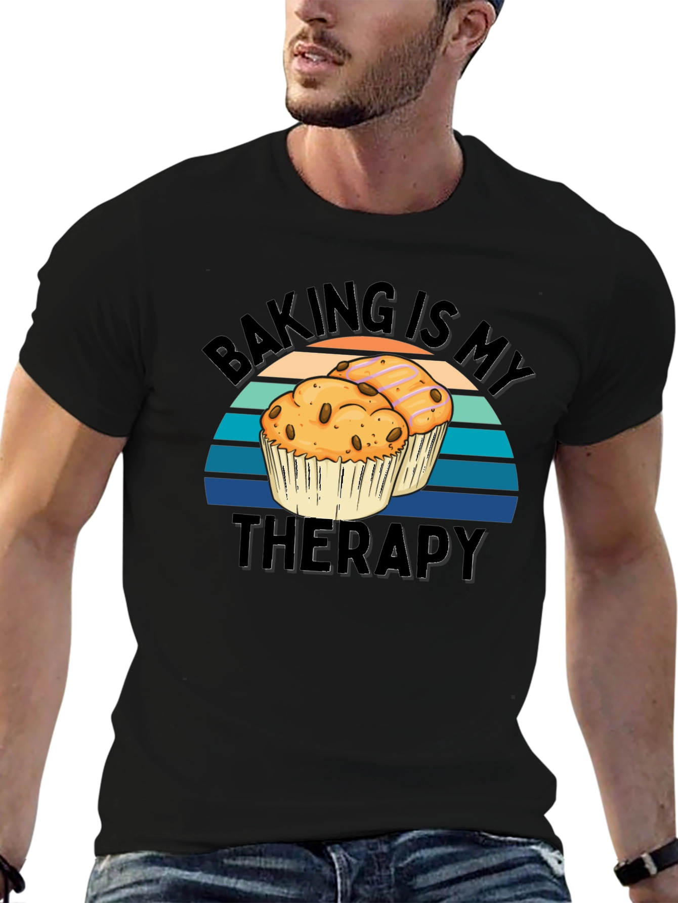Baking Is My Therapy Black T-Shirt - Muffin Design