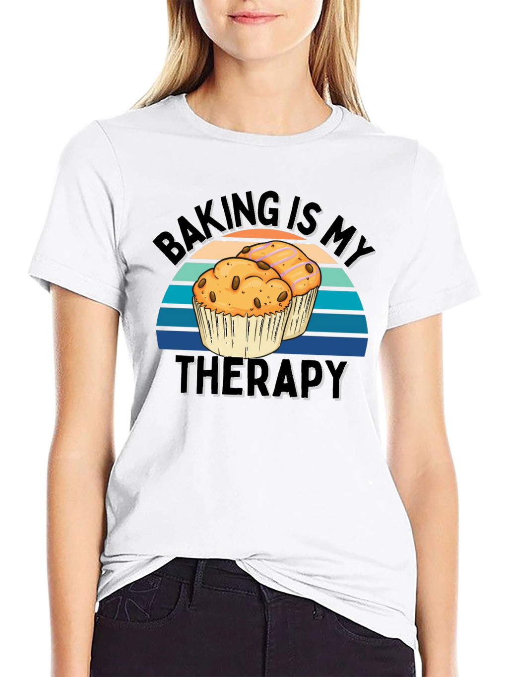 Baking Is My Therapy Black T-Shirt - Muffin Design