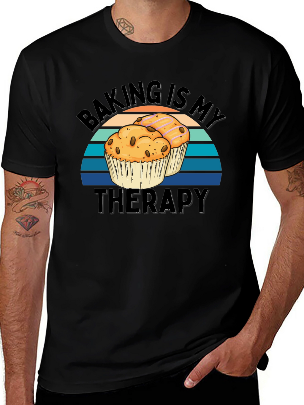 Baking Is My Therapy Black T-Shirt - Muffin Design