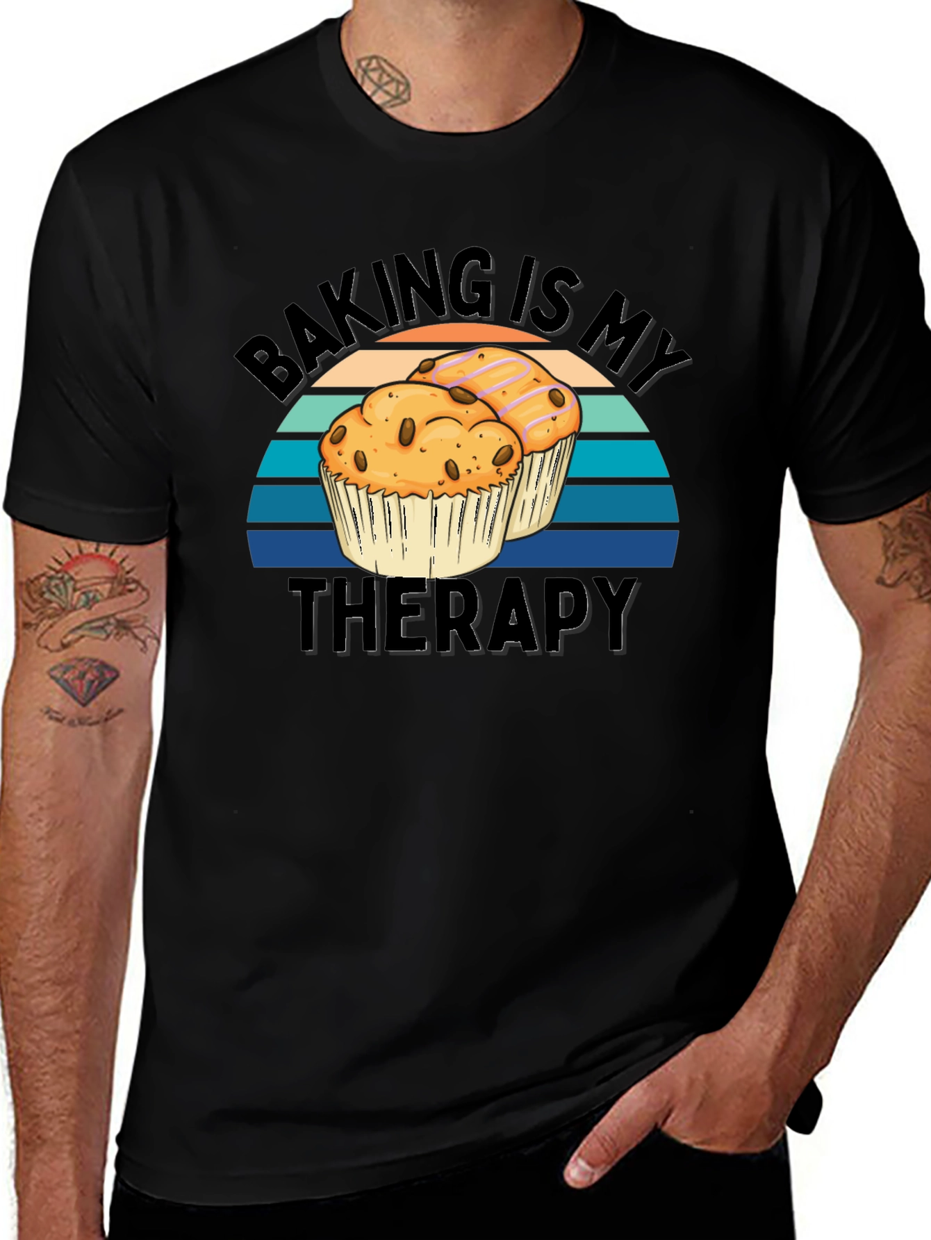Baking Is My Therapy Black T-Shirt - Muffin Design