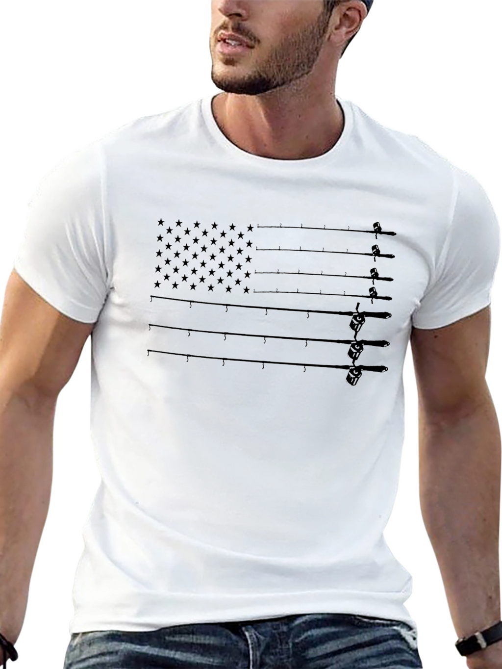 Fishing Rod Flag Graphic T-Shirt - Patriotic Angler Tee