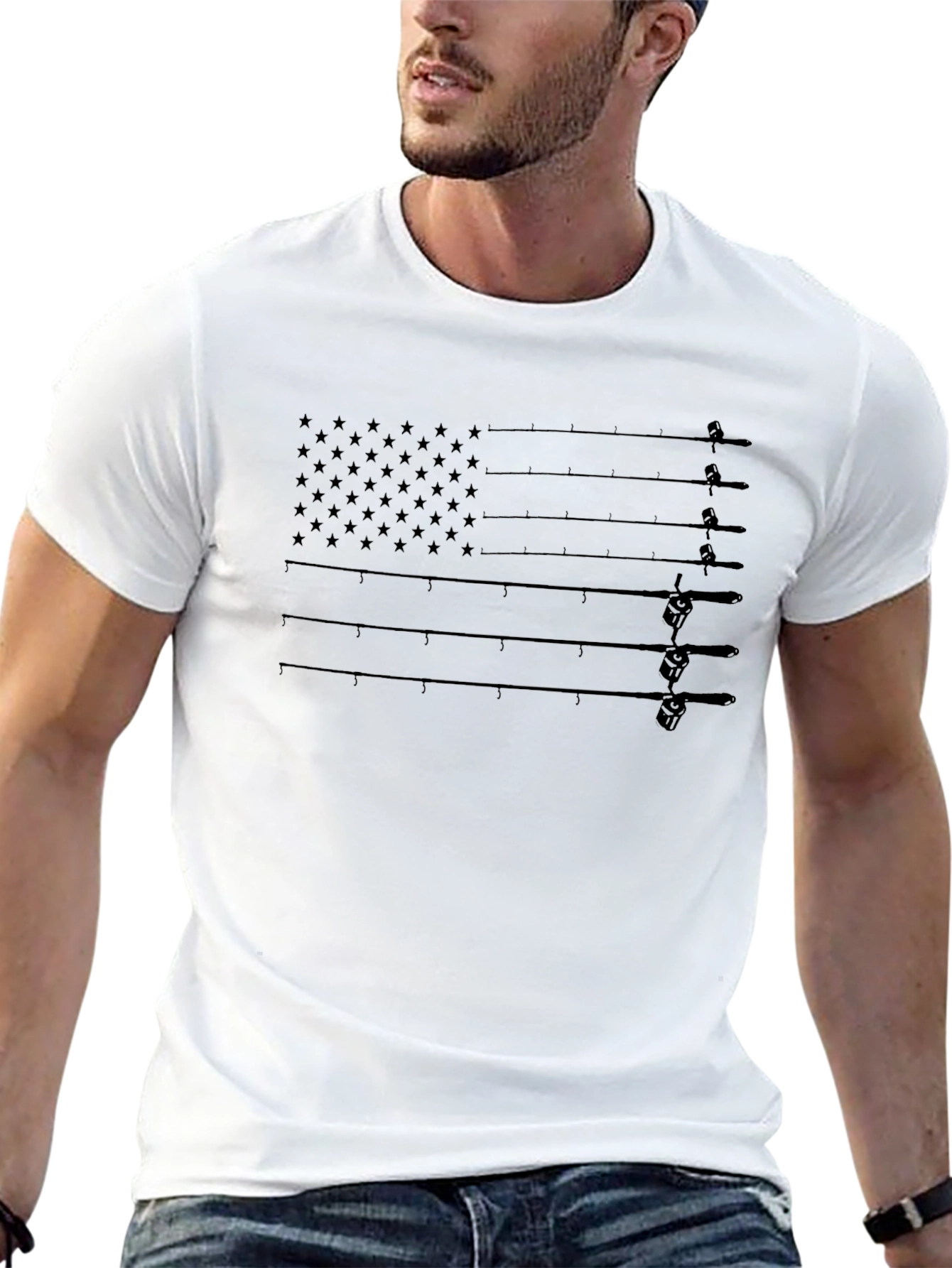 Fishing Rod Flag Graphic T-Shirt - Patriotic Angler Tee