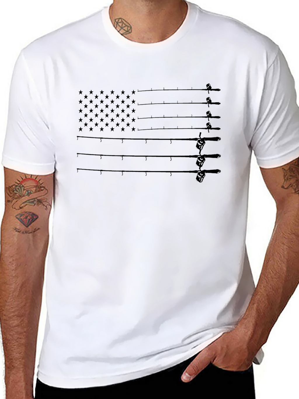 Fishing Rod Flag Graphic T-Shirt - Patriotic Angler Tee