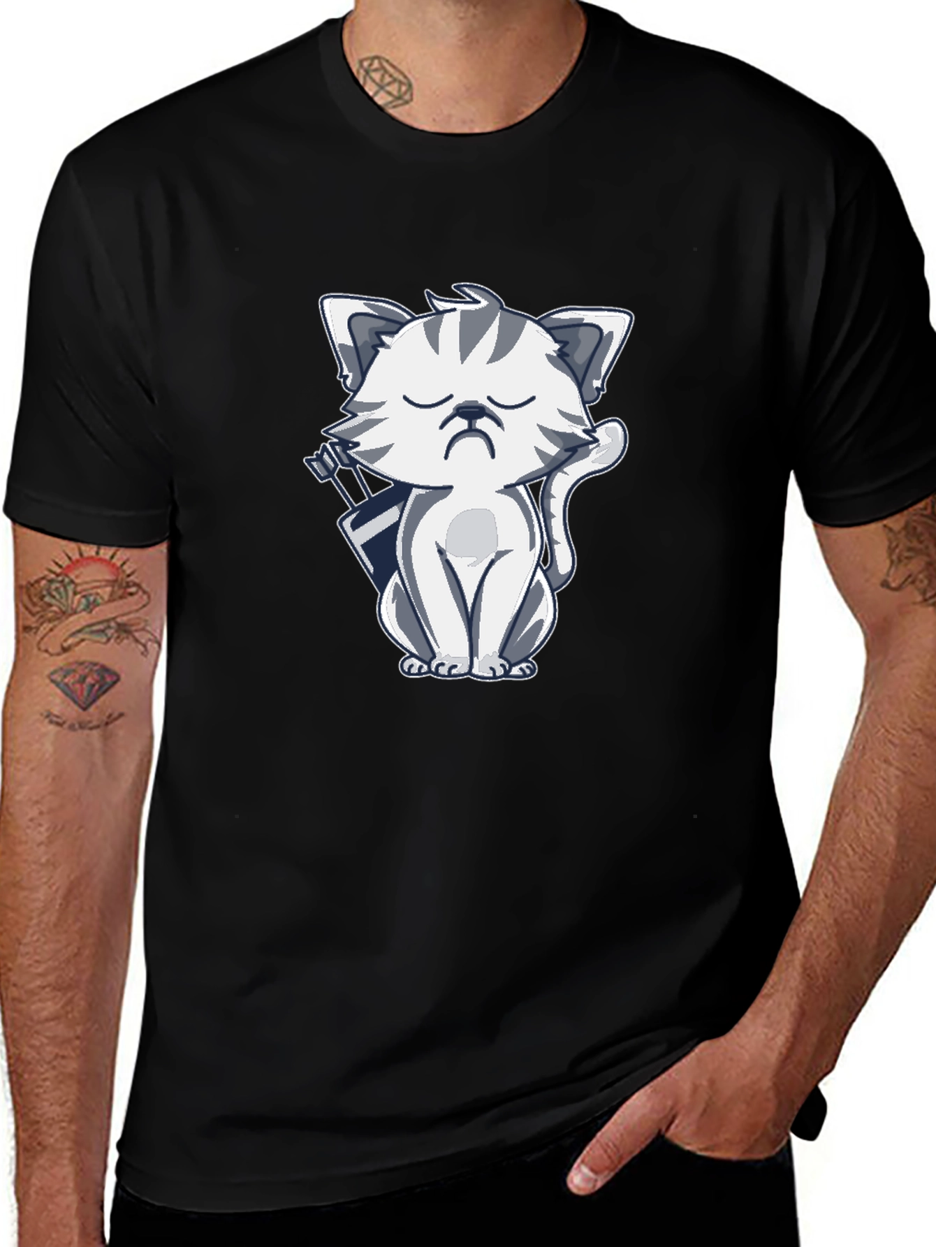 Grumpy Archer Cat Graphic T-Shirt - Black