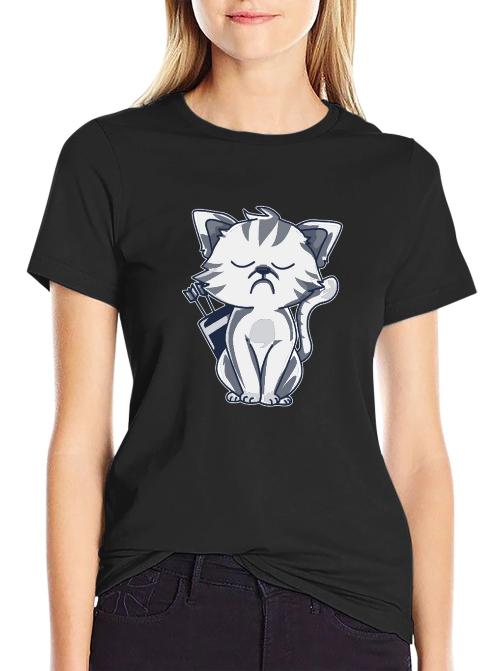 Grumpy Archer Cat Graphic T-Shirt - Black