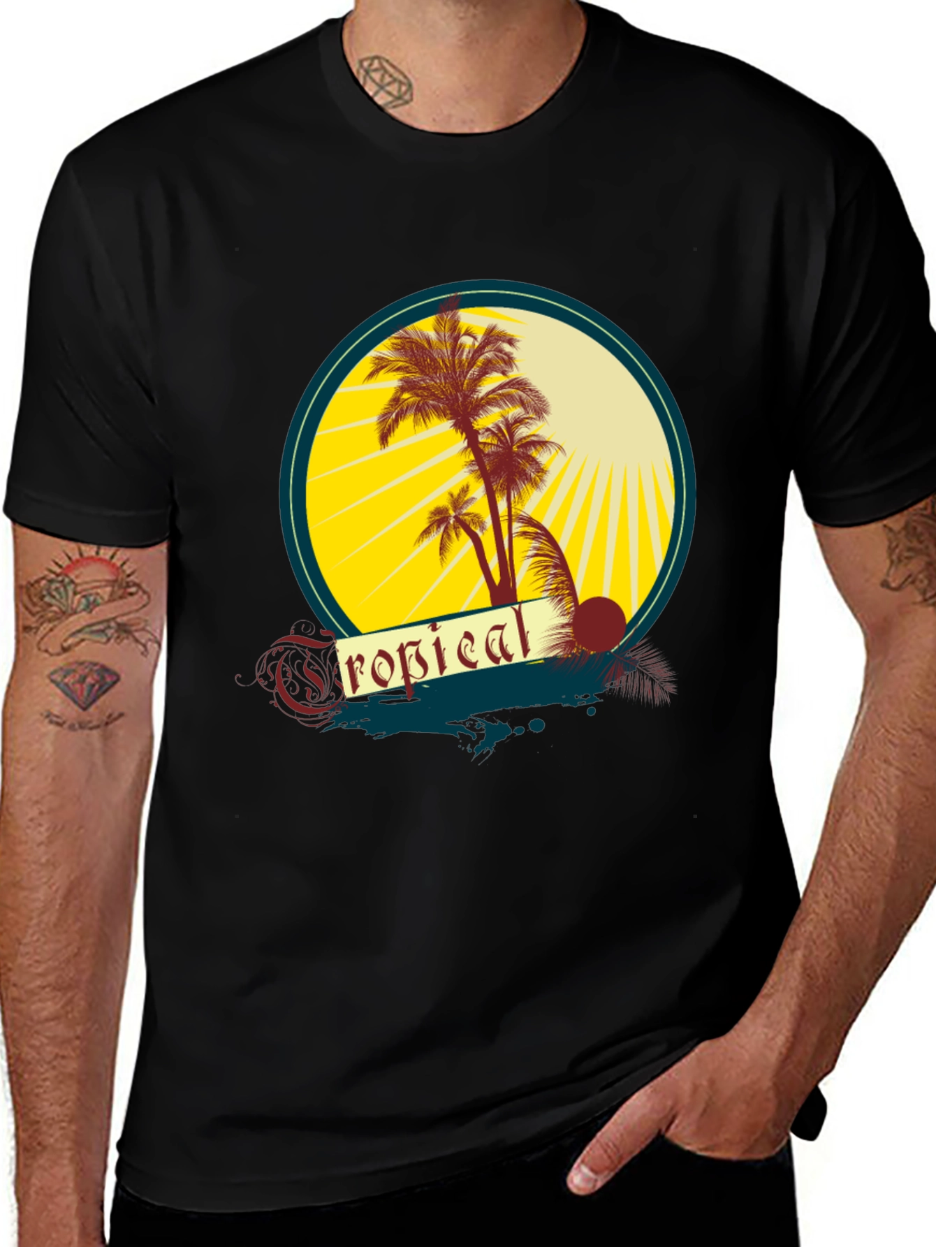 Tropical Palms Graphic Tee - Black Cotton T-Shirt