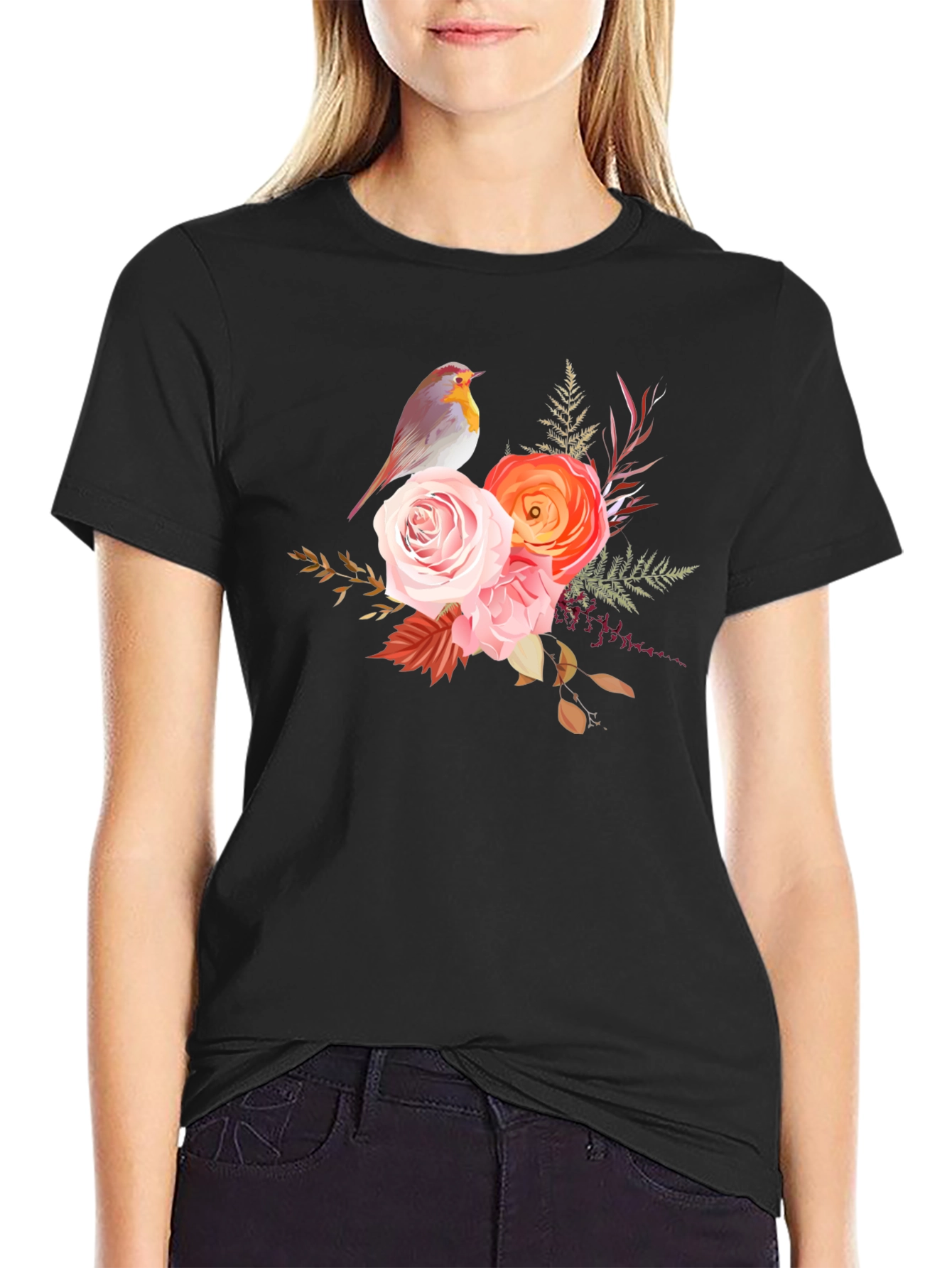 Floral Bird Graphic Tee - Soft Black Cotton Casual Wear