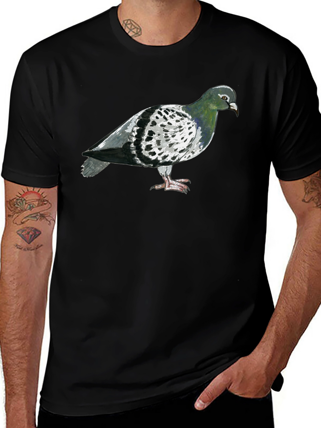 Pigeon Graphic T-Shirt - Black Crew Neck Tee