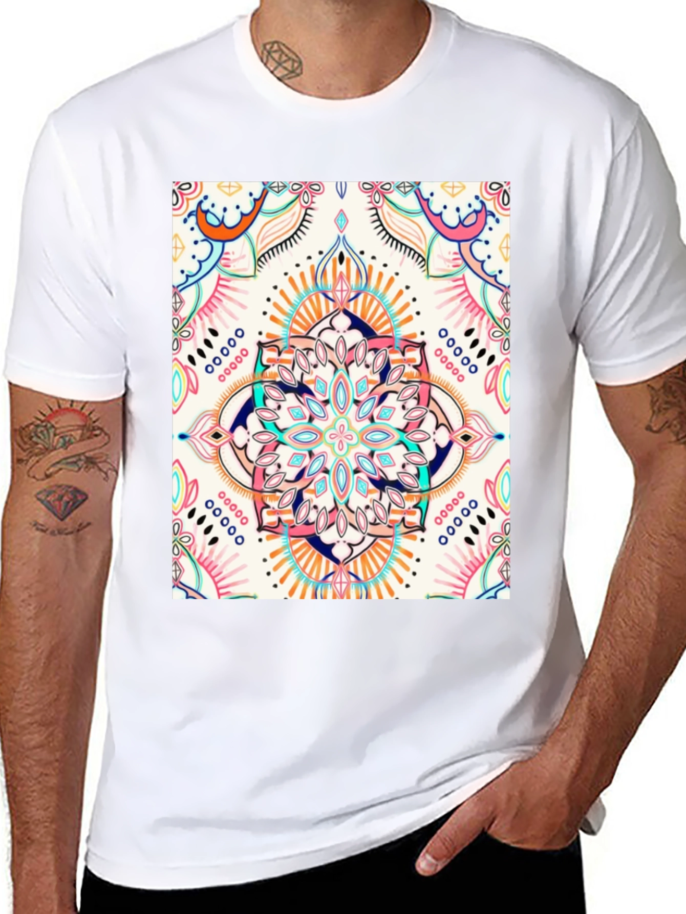 Black T-Shirt with Colorful Mandala Print