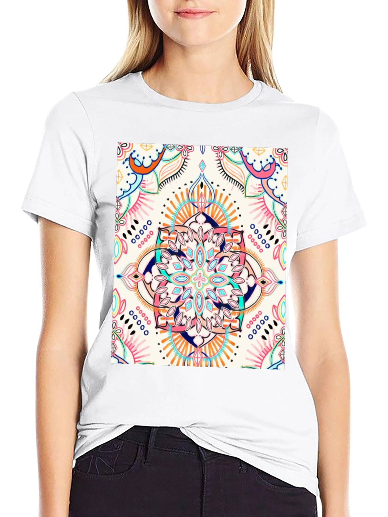 Black T-Shirt with Colorful Mandala Print