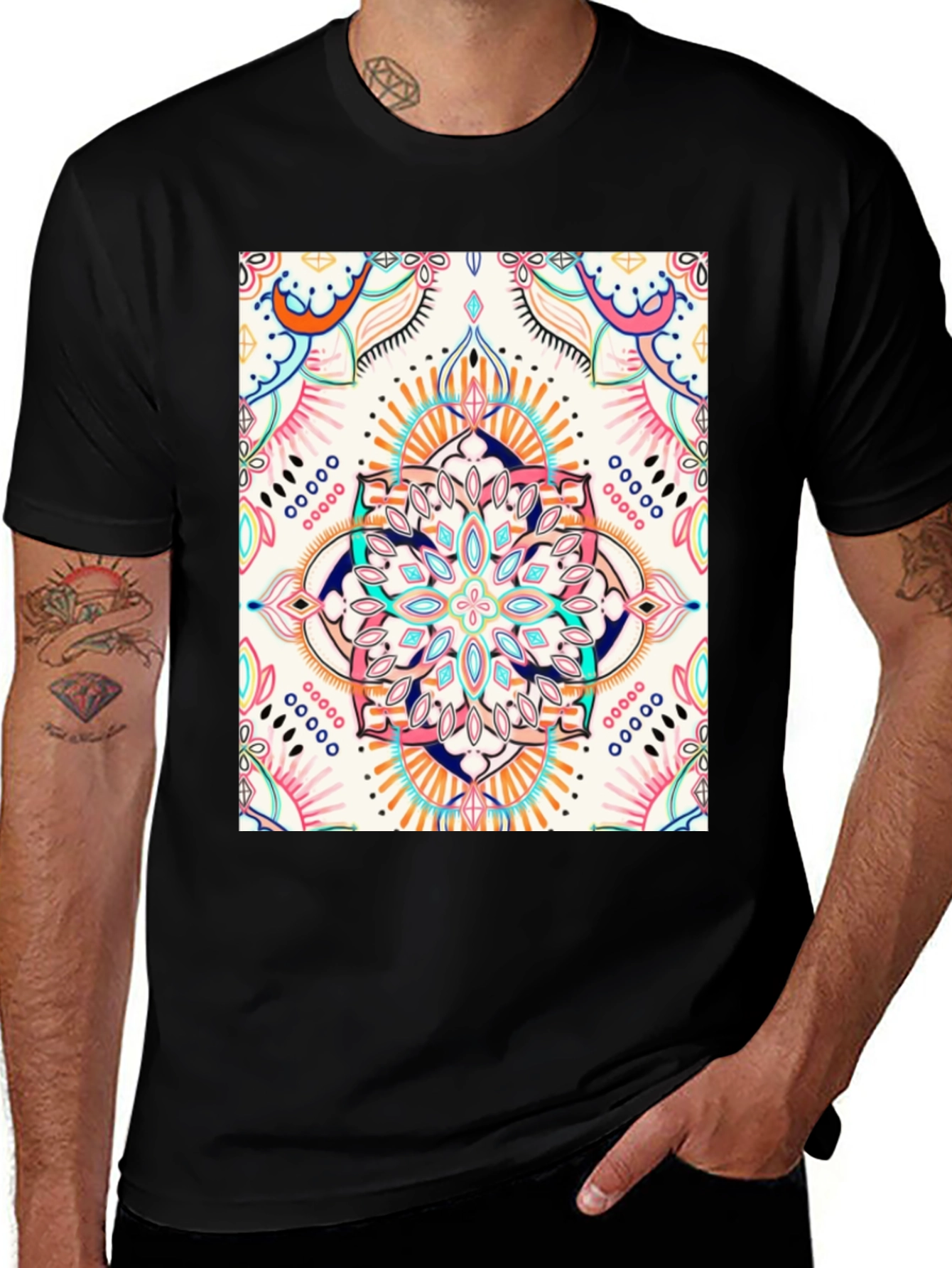 Black T-Shirt with Colorful Mandala Print