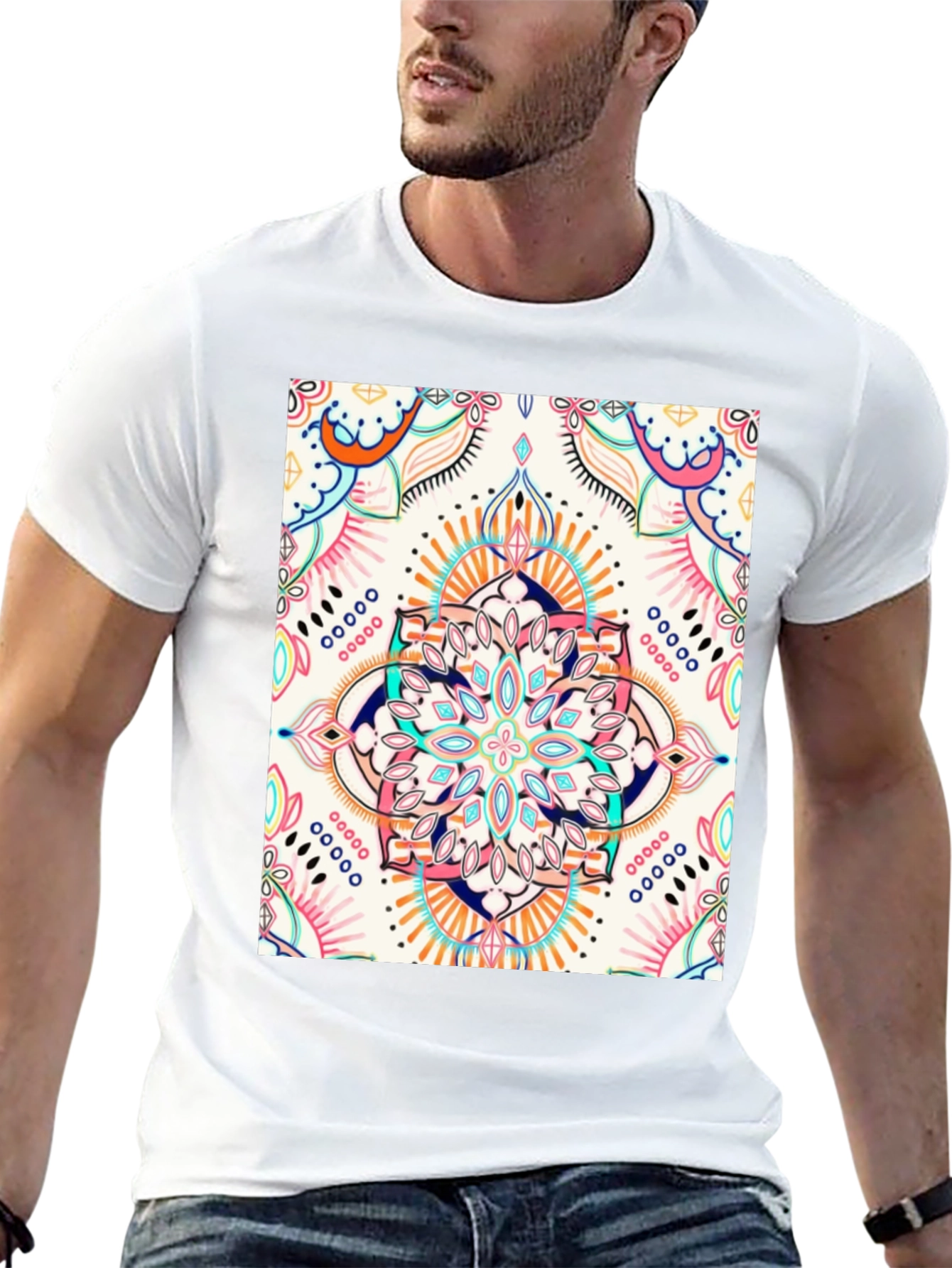 Black T-Shirt with Colorful Mandala Print