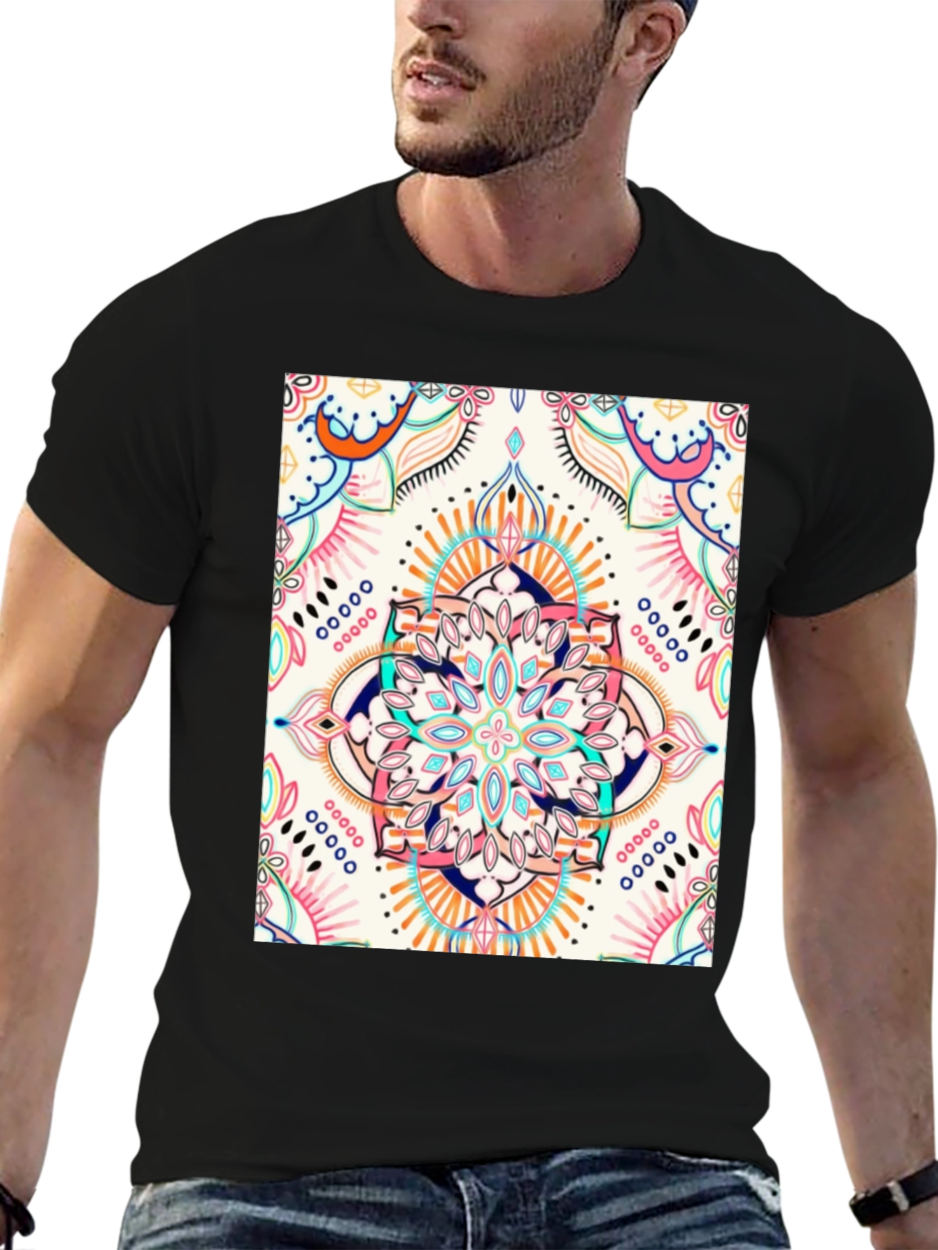 Black T-Shirt with Colorful Mandala Print