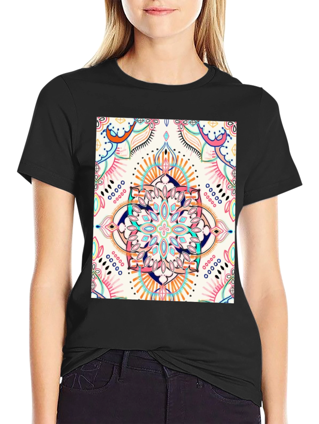 Black T-Shirt with Colorful Mandala Print