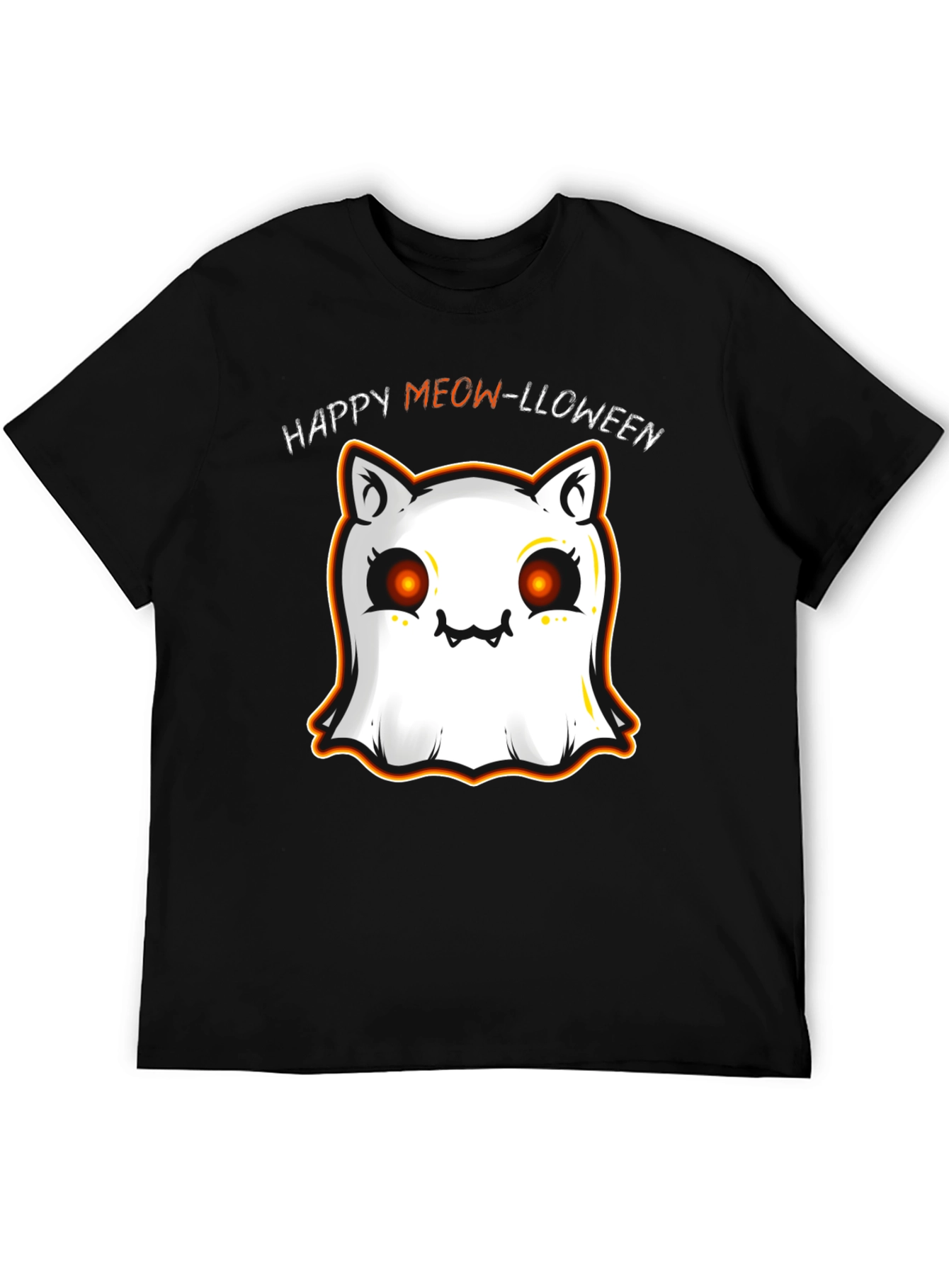 Happy Meow-lloween Cat Ghost Black T-Shirt
