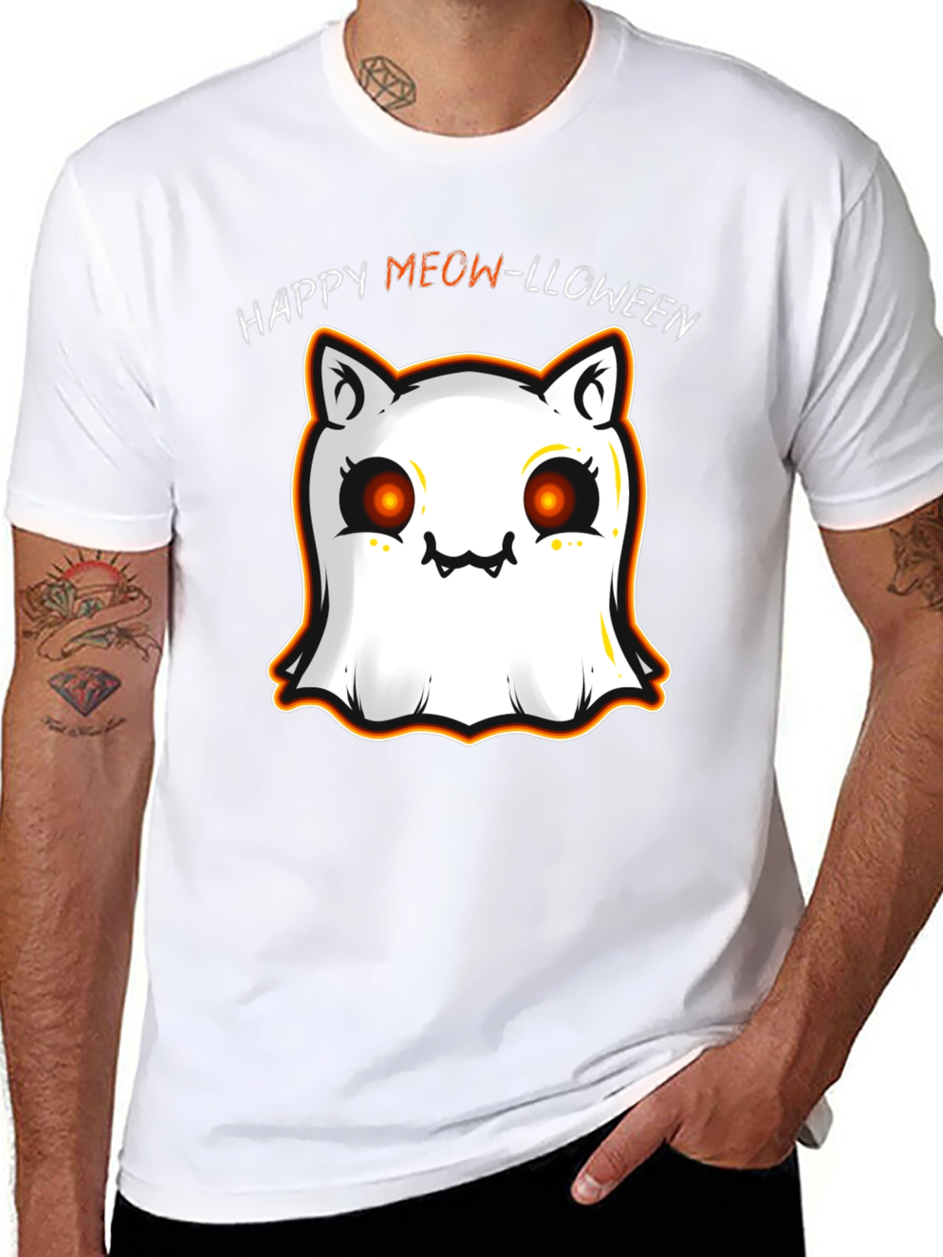 Happy Meow-lloween Cat Ghost Black T-Shirt