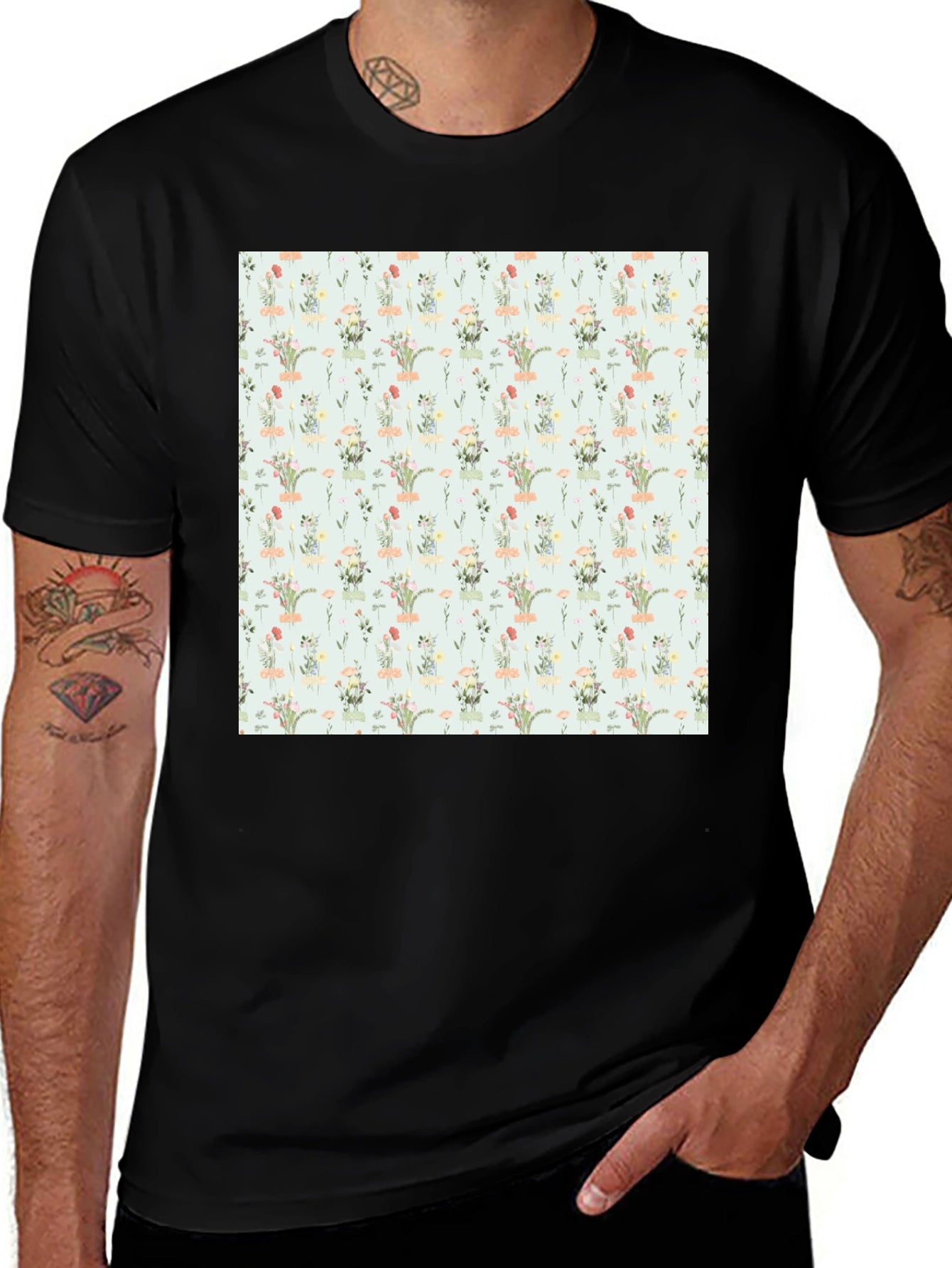 Floral Pattern Black T-Shirt