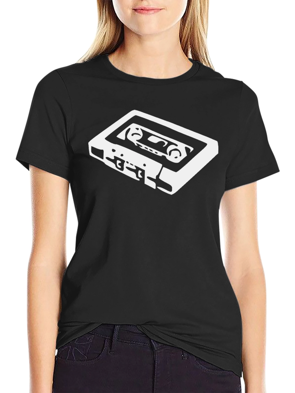 Retro Cassette Tape Graphic Tee - Black Cotton T-Shirt