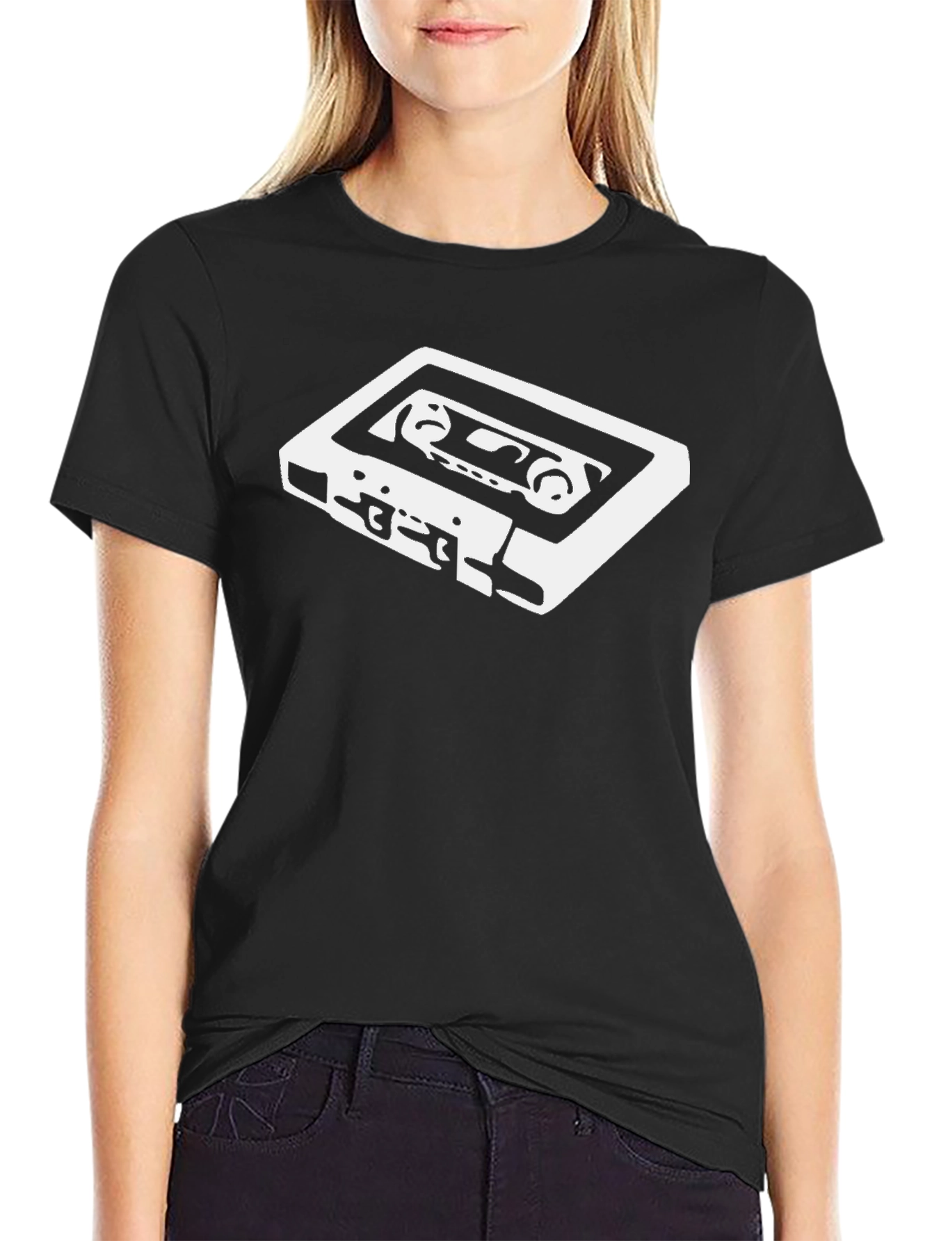 Retro Cassette Tape Graphic Tee - Black Cotton T-Shirt