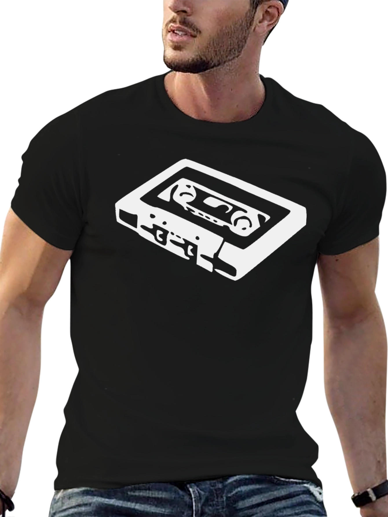 Retro Cassette Tape Graphic Tee - Black Cotton T-Shirt