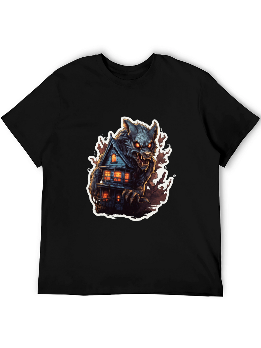 Werewolf Haunted House Graphic Tee - Black Cotton Blend