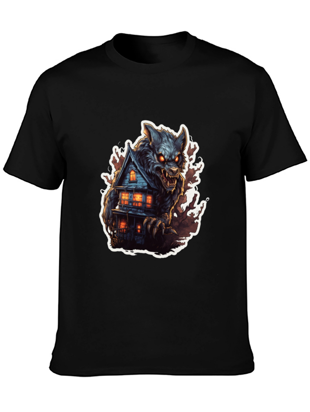 Werewolf Haunted House Graphic Tee - Black Cotton Blend