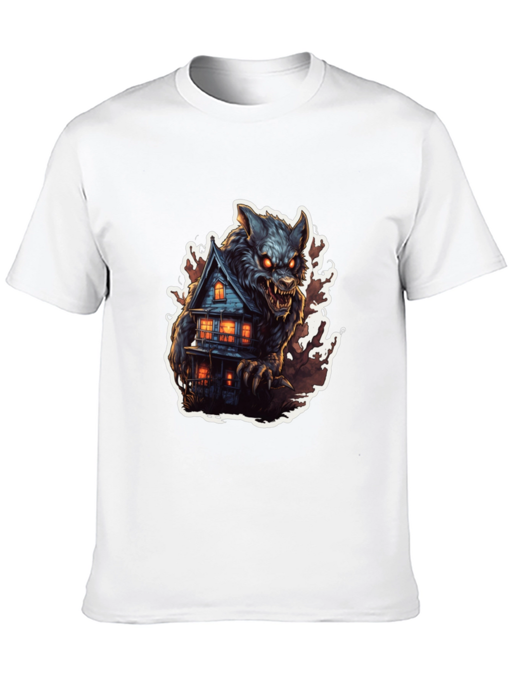 Werewolf Haunted House Graphic Tee - Black Cotton Blend