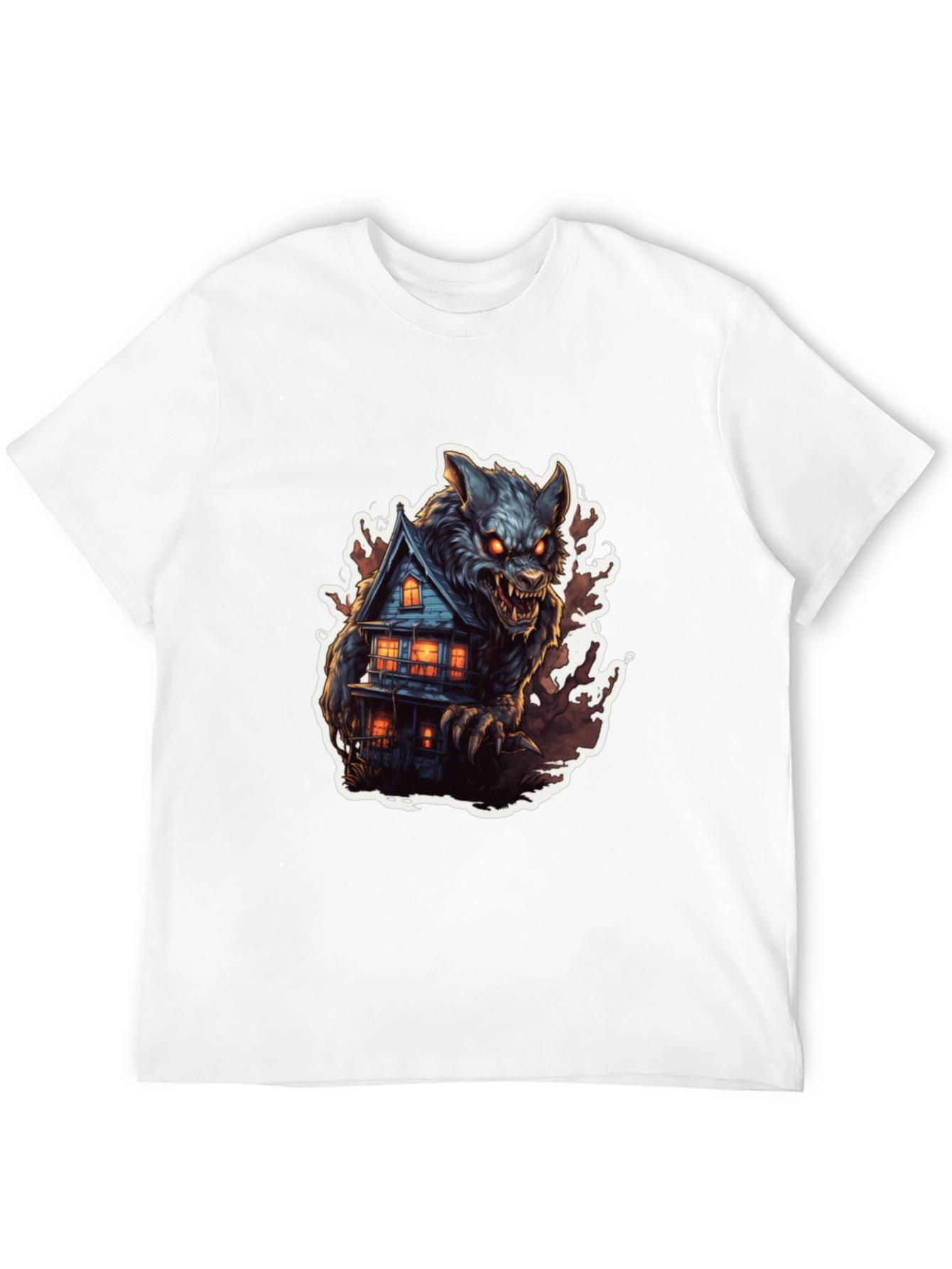Werewolf Haunted House Graphic Tee - Black Cotton Blend