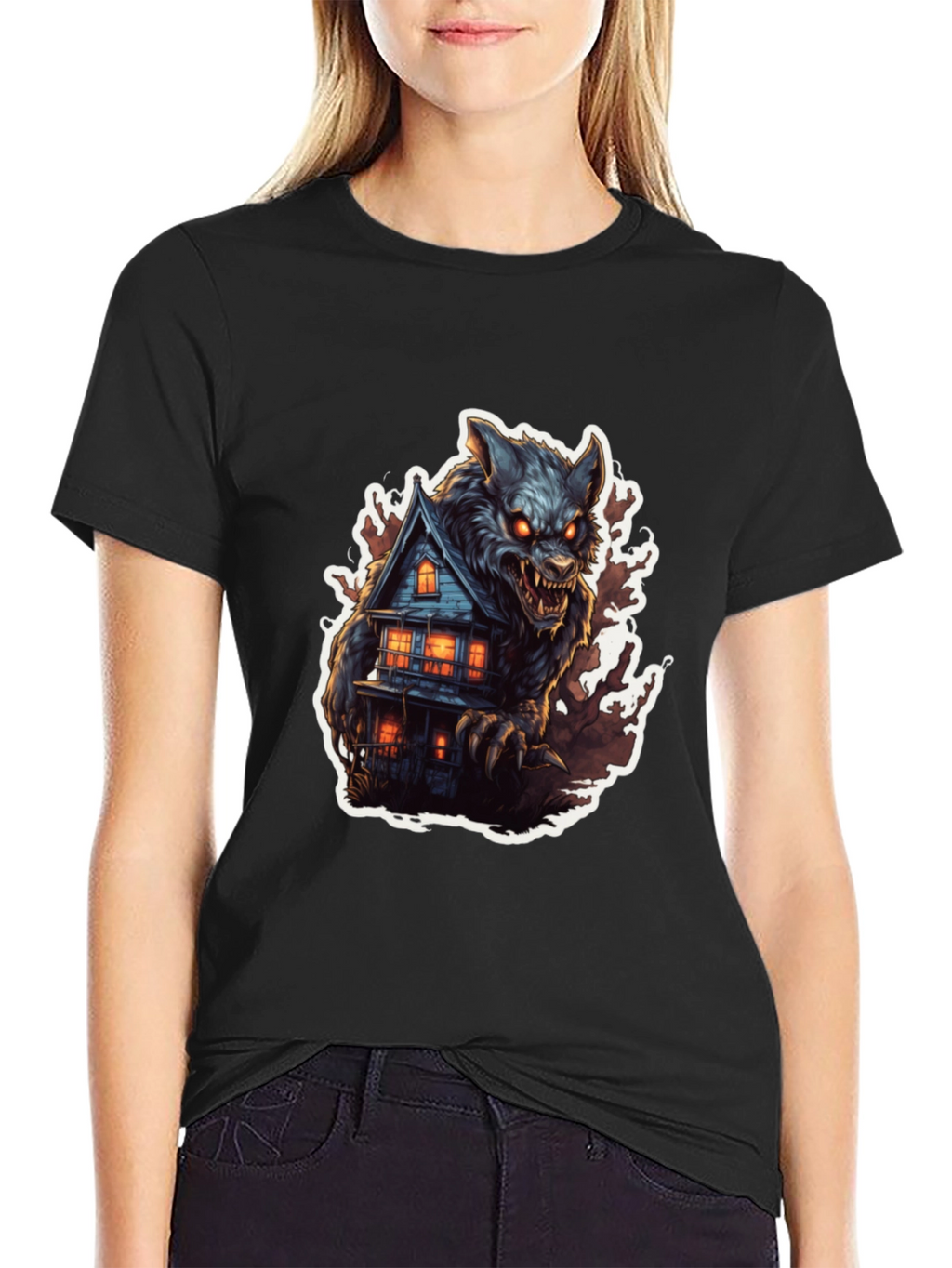 Werewolf Haunted House Graphic Tee - Black Cotton Blend