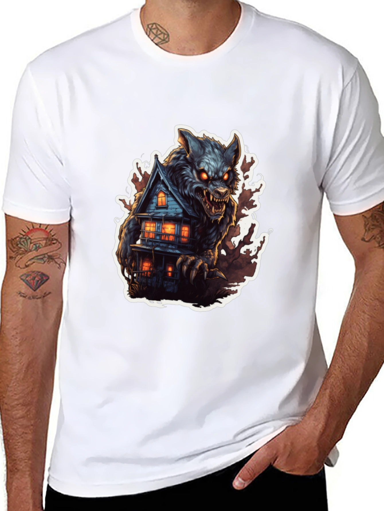 Werewolf Haunted House Graphic Tee - Black Cotton Blend