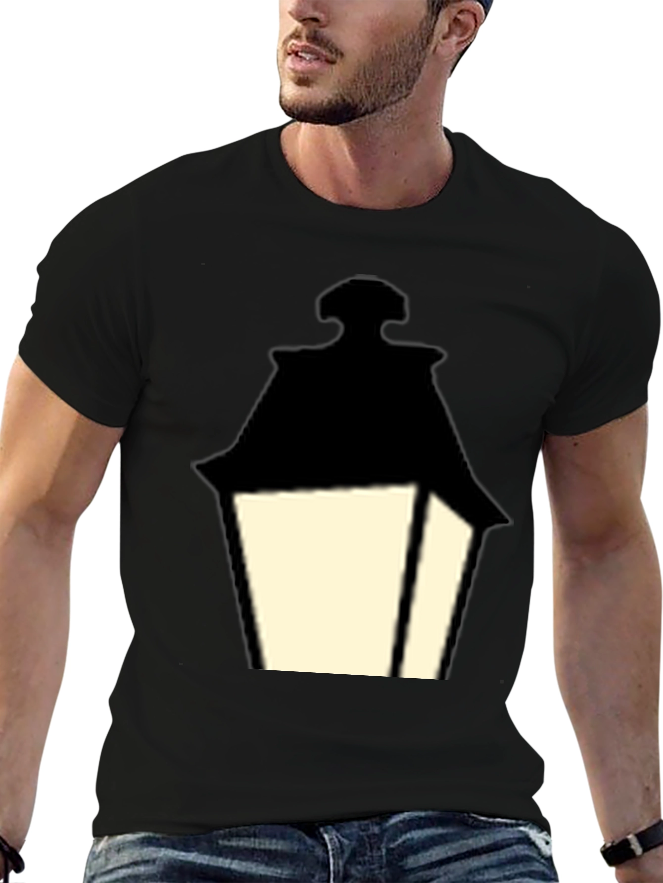 Vintage Lantern Graphic Tee - Classic Black Cotton T-Shirt