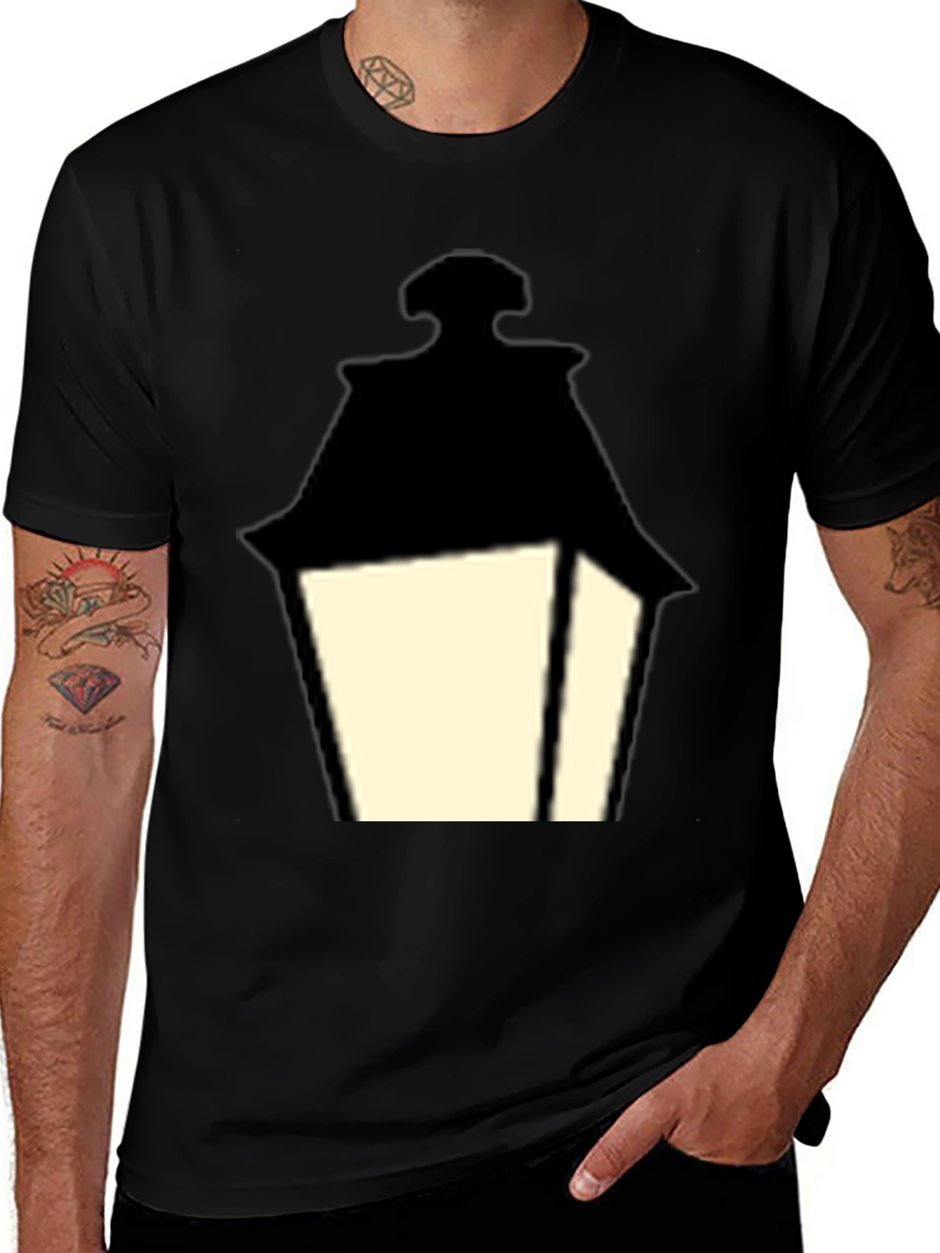 Vintage Lantern Graphic Tee - Classic Black Cotton T-Shirt