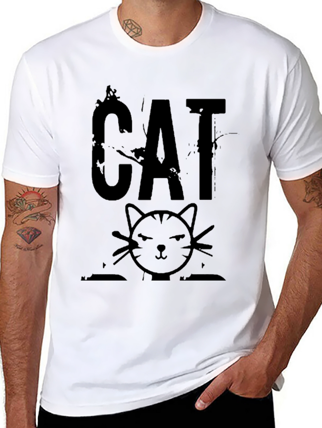Distressed CAT Graphic Print Mens Black T-Shirt