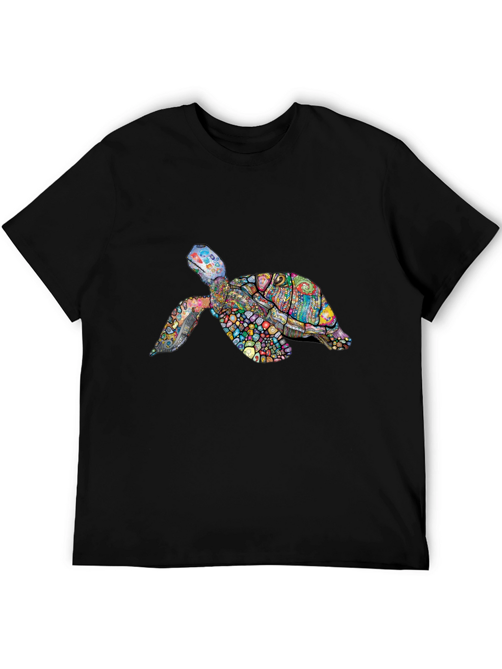 Vibrant Turtle Graphic Tee - Black Cotton T-Shirt